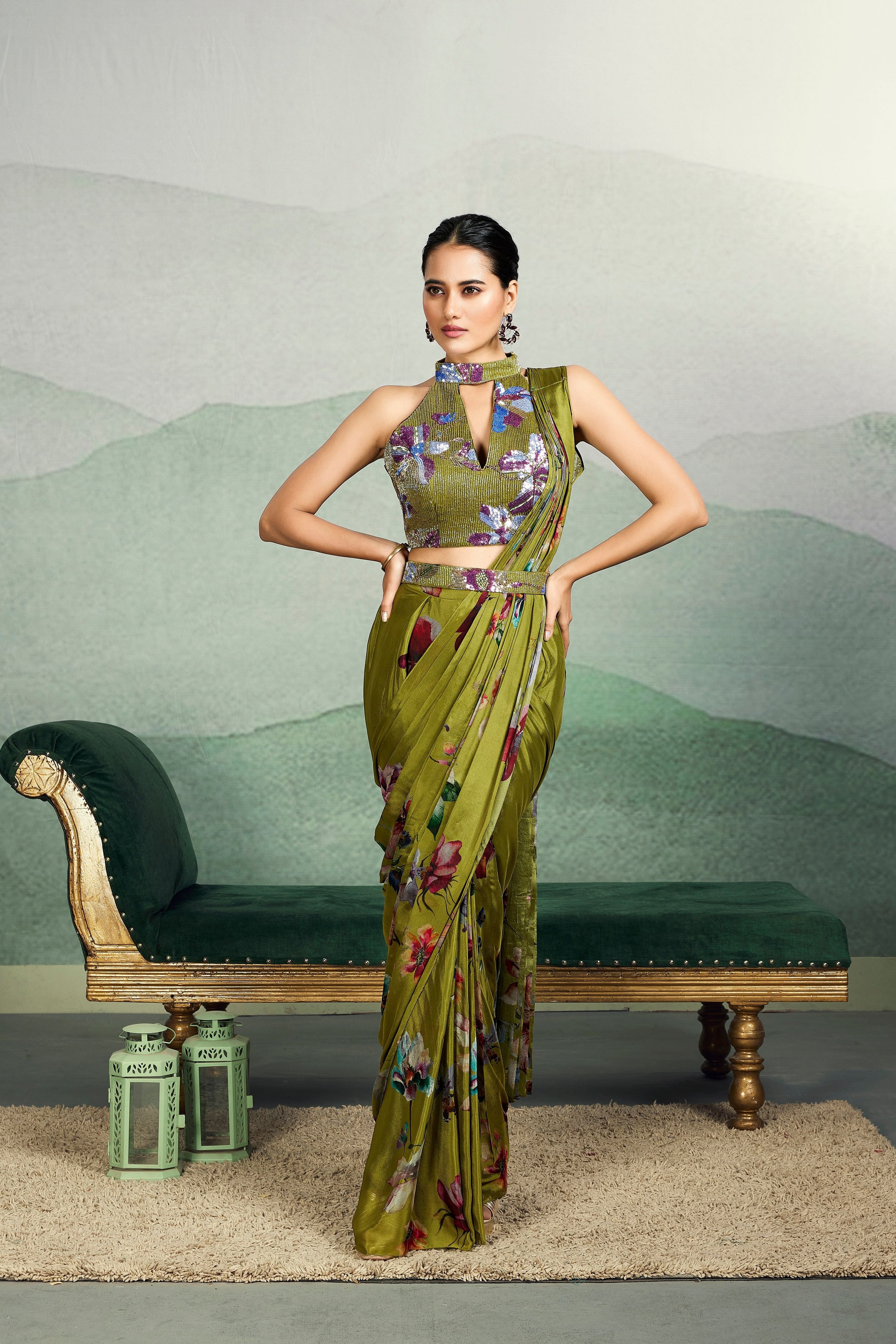 Olive Green Digital Printed Chinon Silk Saree - Mokshaa