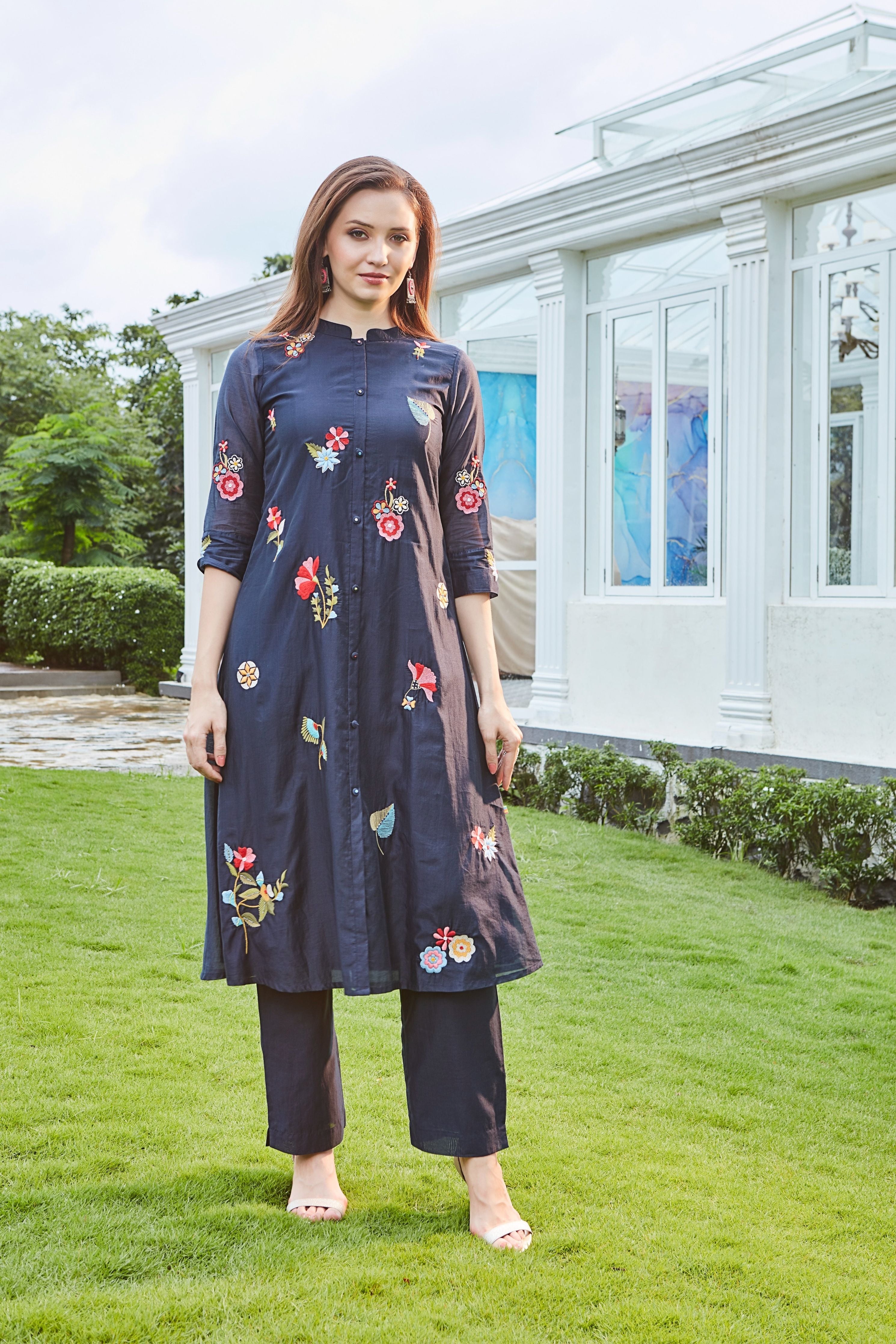 Navy Blue Floral Embroidered Kurta set  Mokshaa