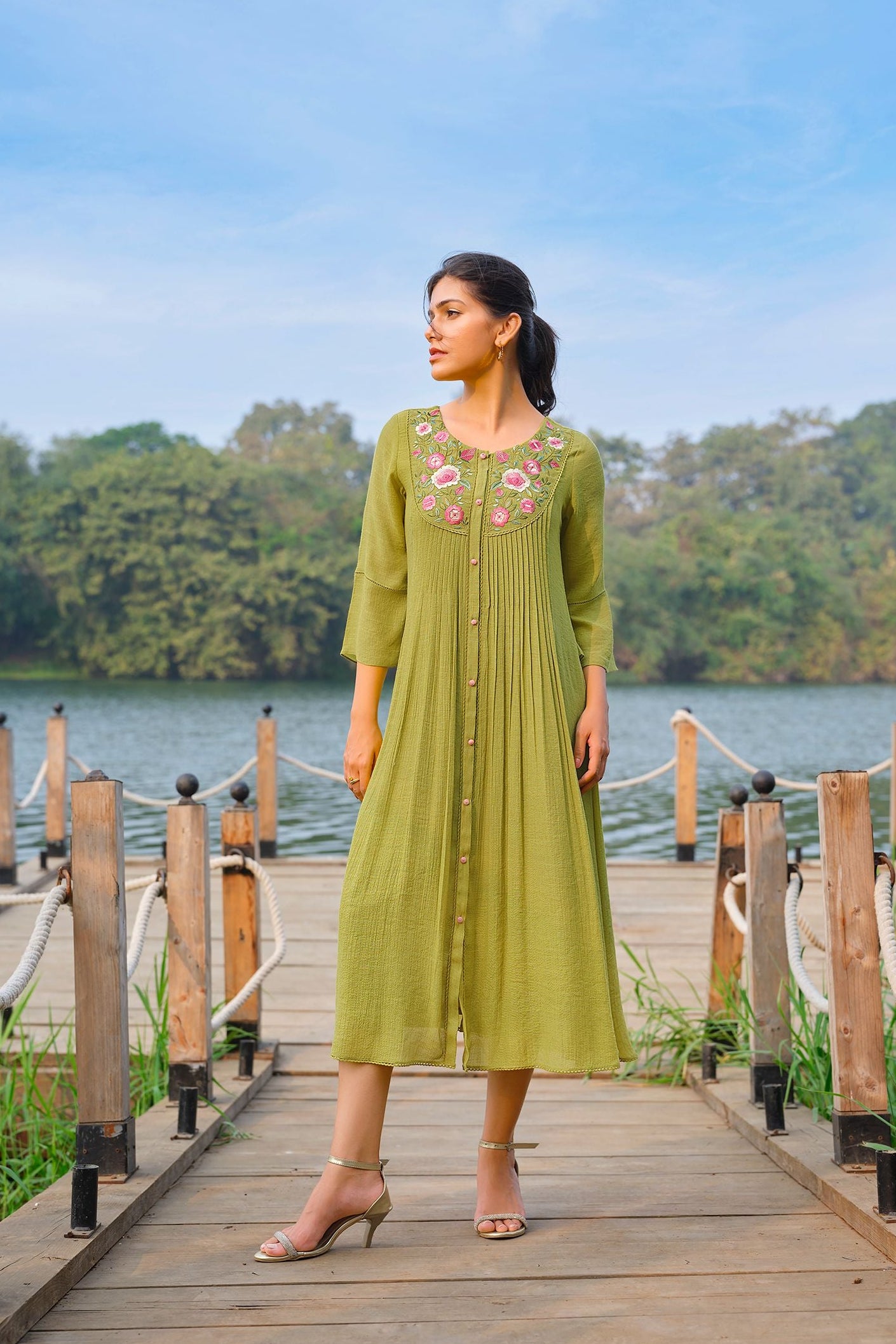 Olive Embroidered Dress