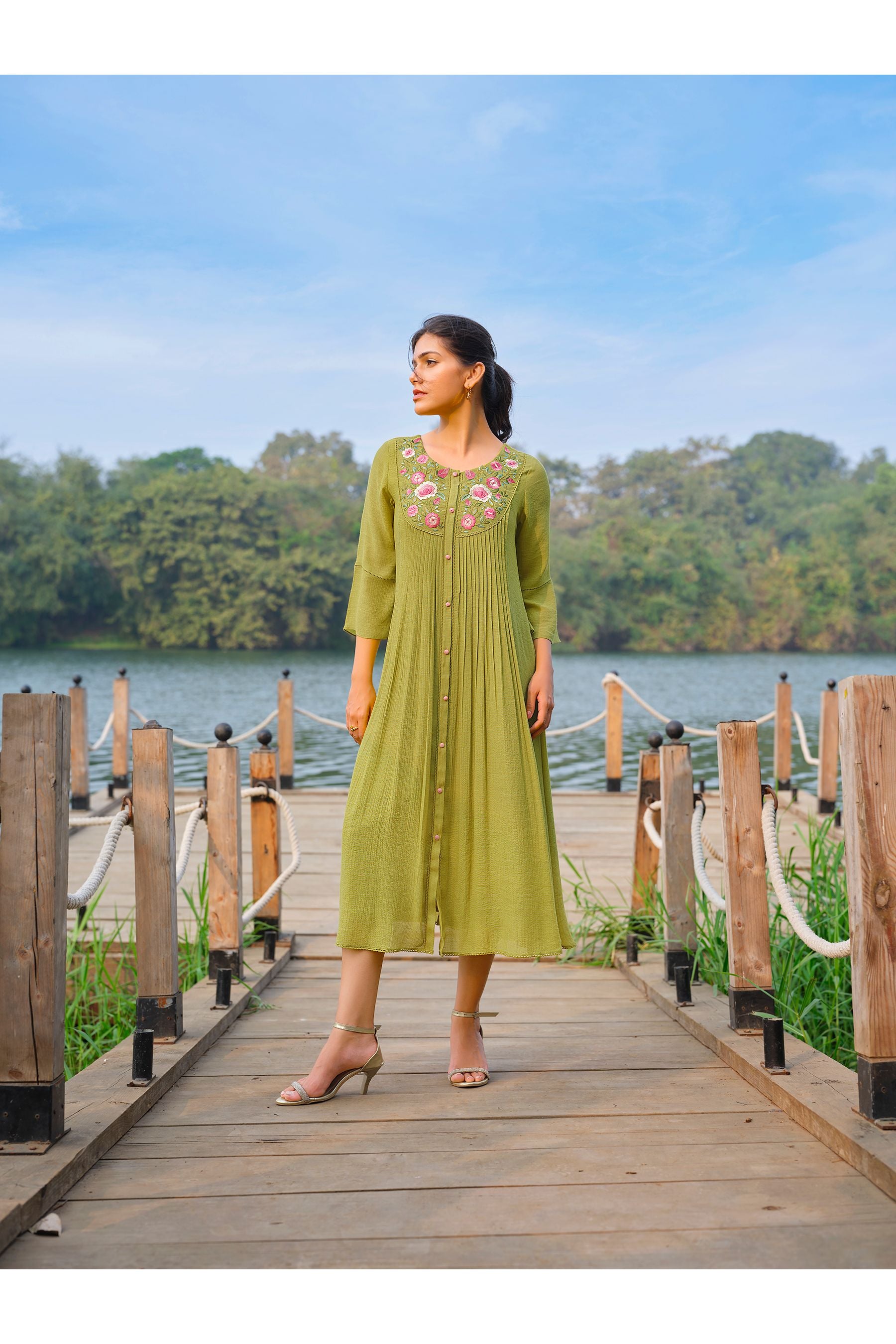 Olive Embroidered Dress