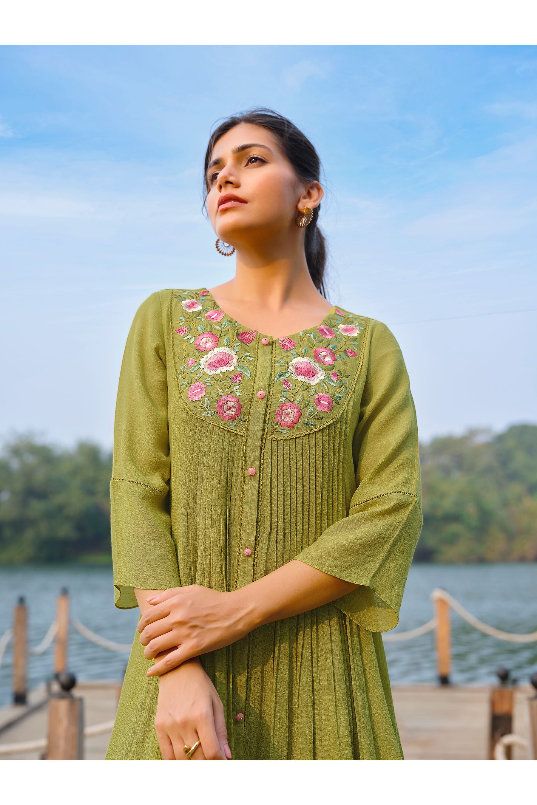 Olive Embroidered Dress