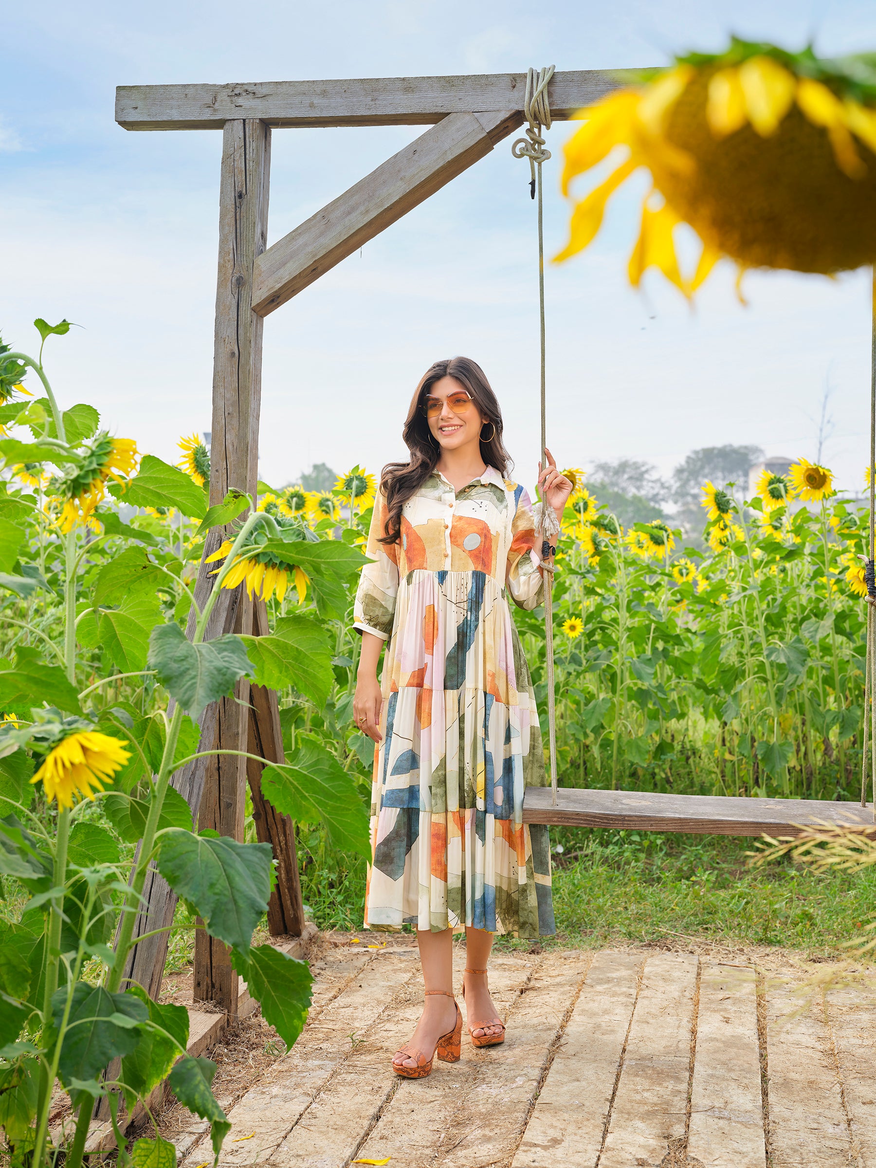 Beige - Multicolour Printed Dress