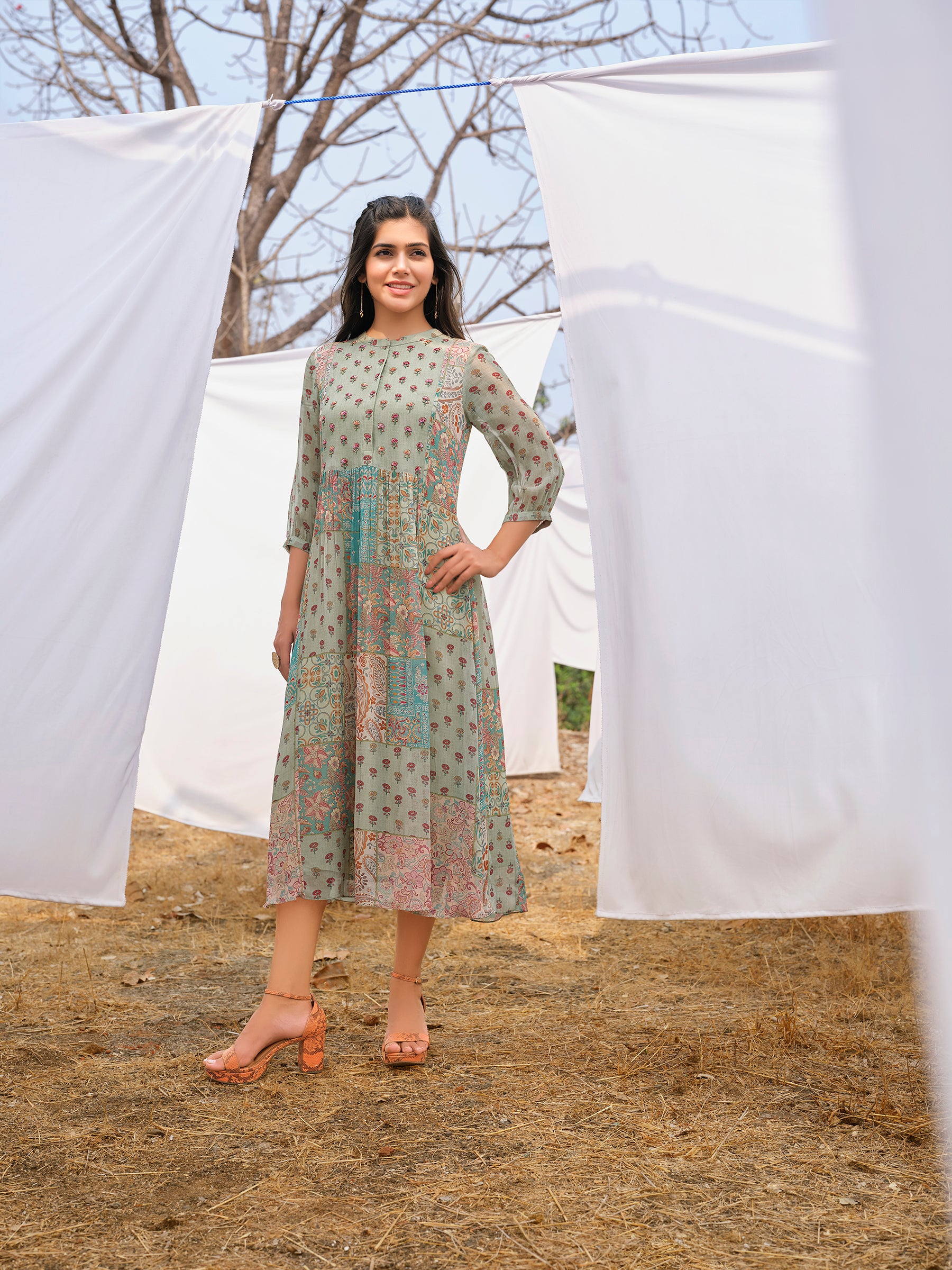 Sage Green Printed Dress