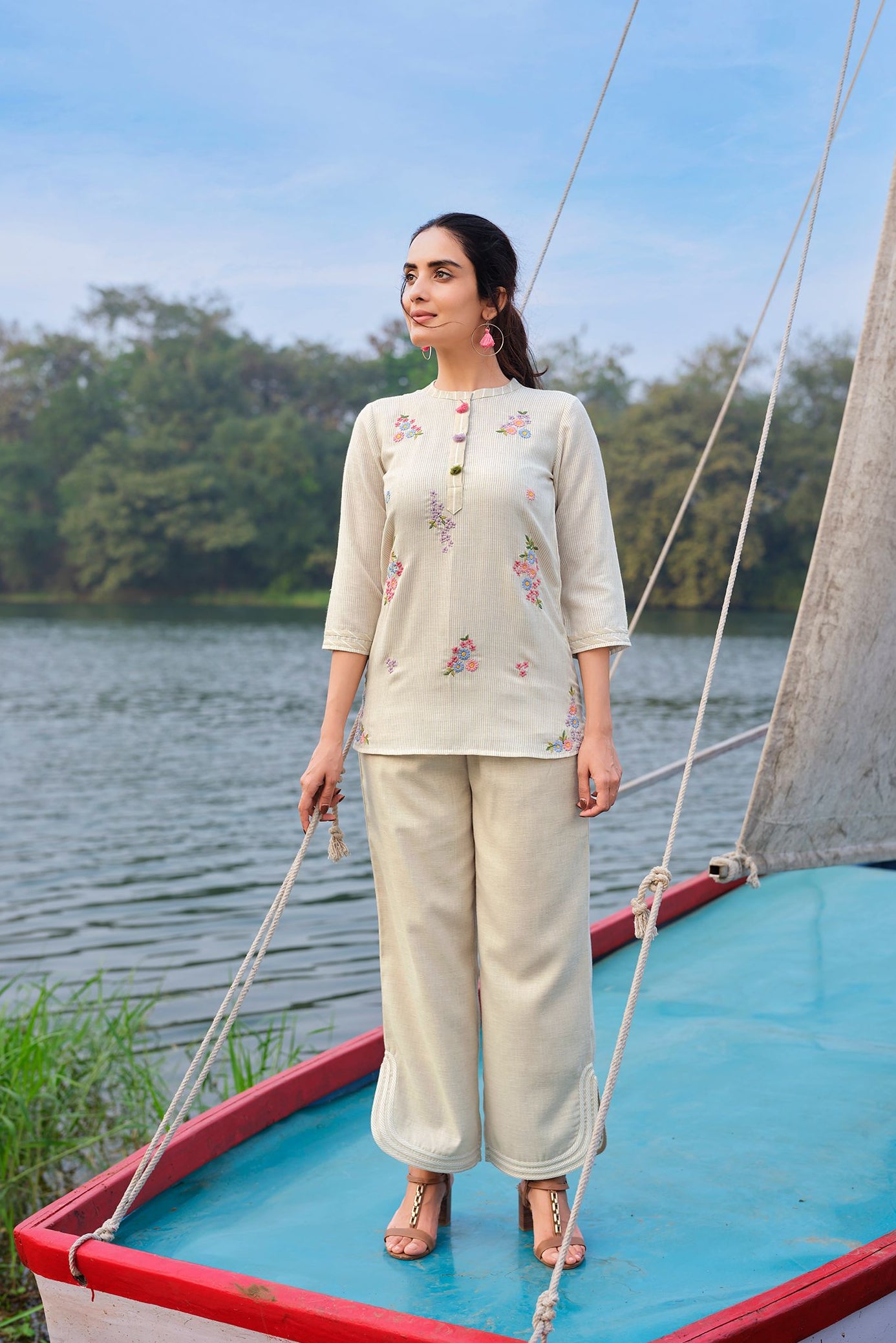 Beige Embroidered Co-ord Set