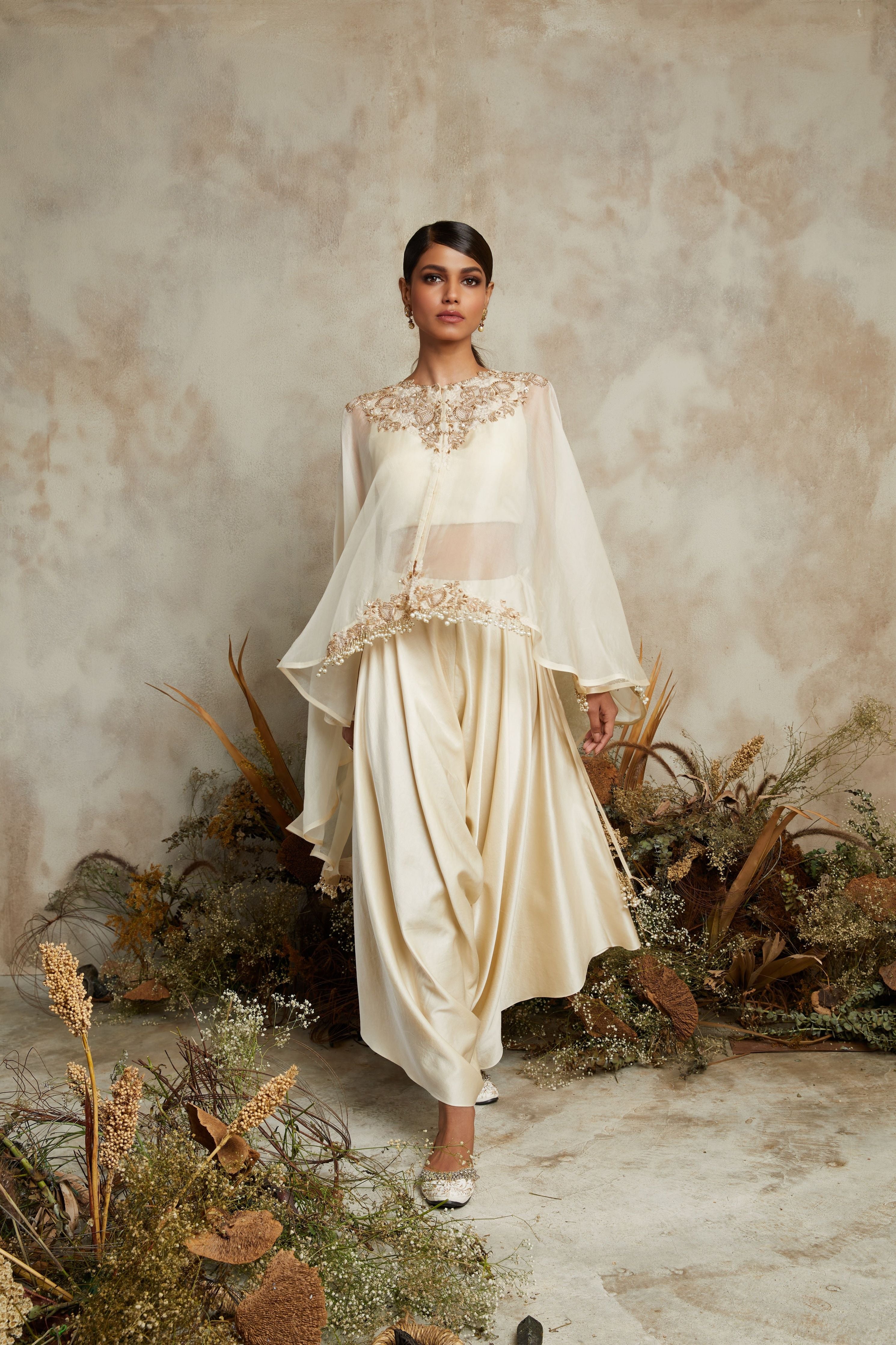 Ivory organza umbrella cape with silk bustier and cotton satin pants  Mokshaa