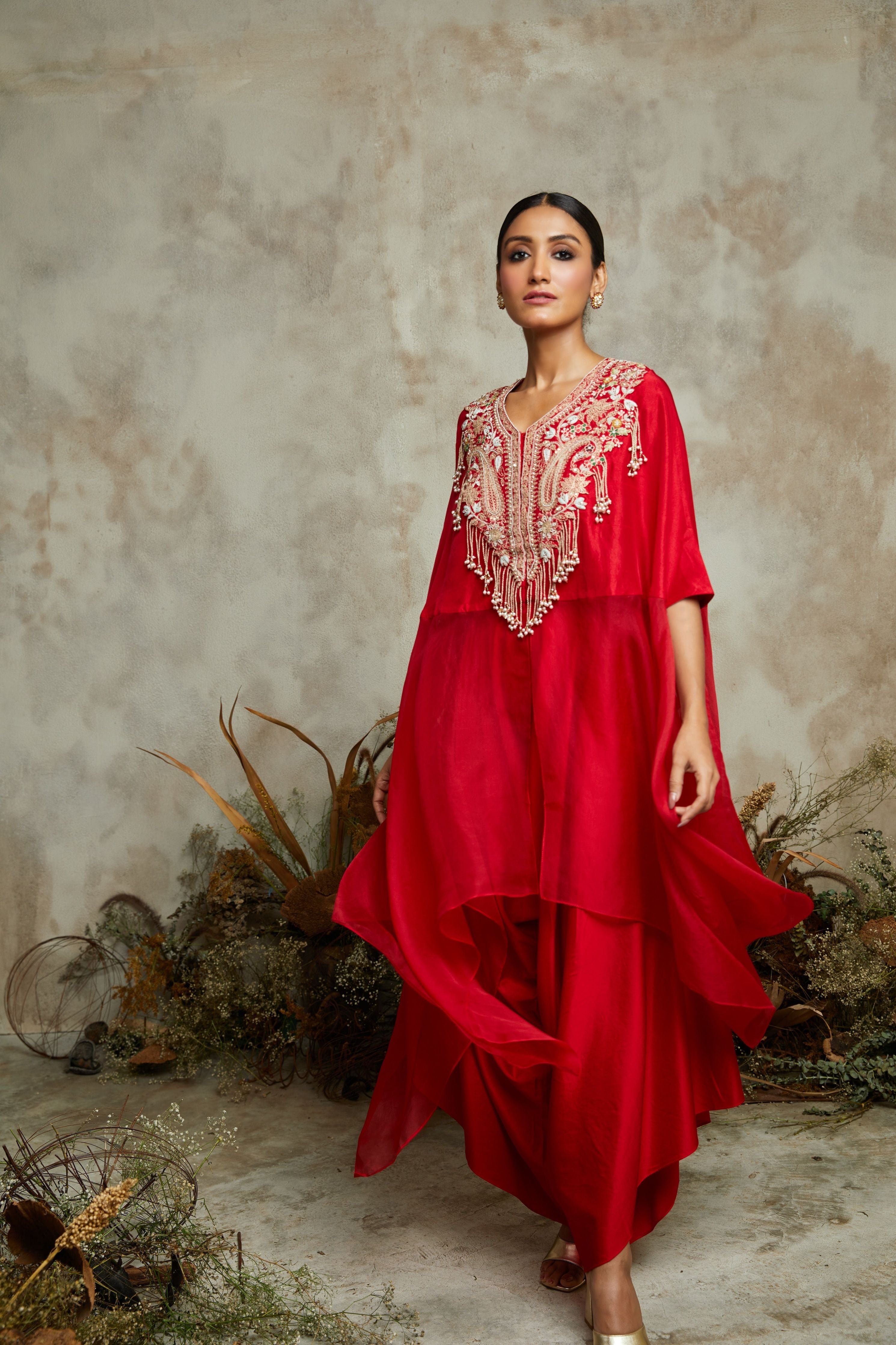 Blood red organza and silk kaftaan with silk bustier and cotton satin pants  Mokshaa