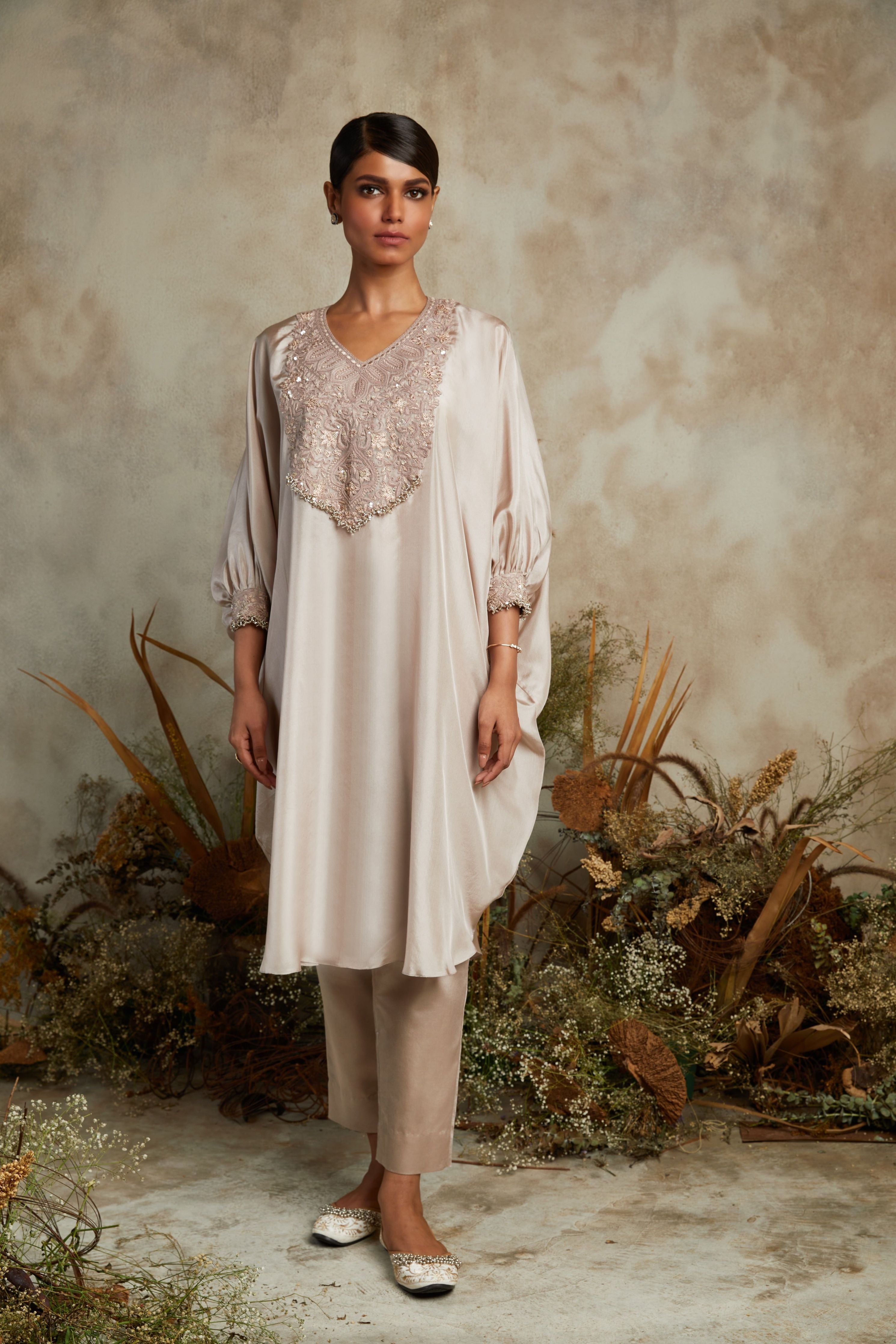 Pale lavender habutai kaftaan with cotton satin pants  Mokshaa