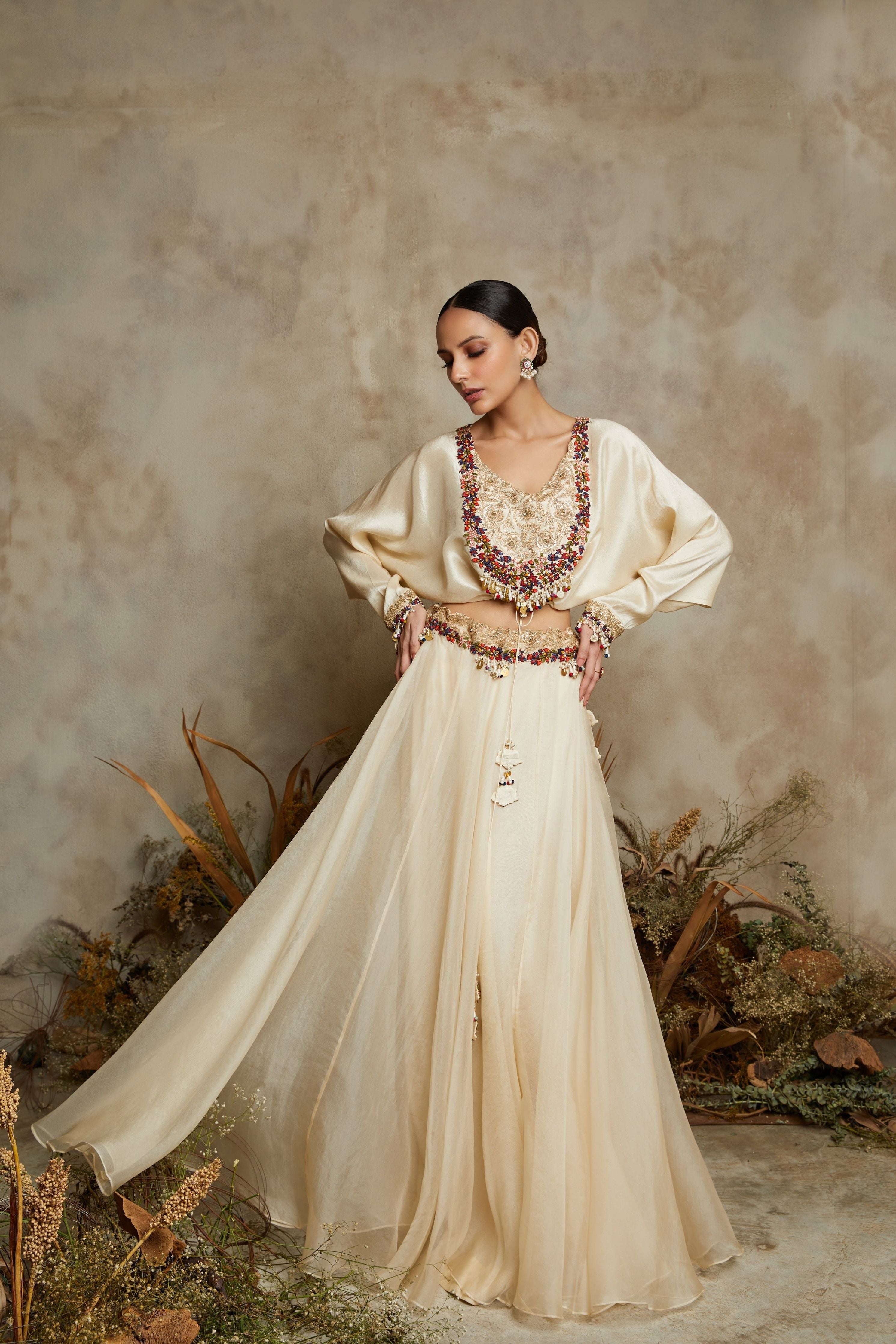 Ivory silk blouse with organza skirt  Mokshaa