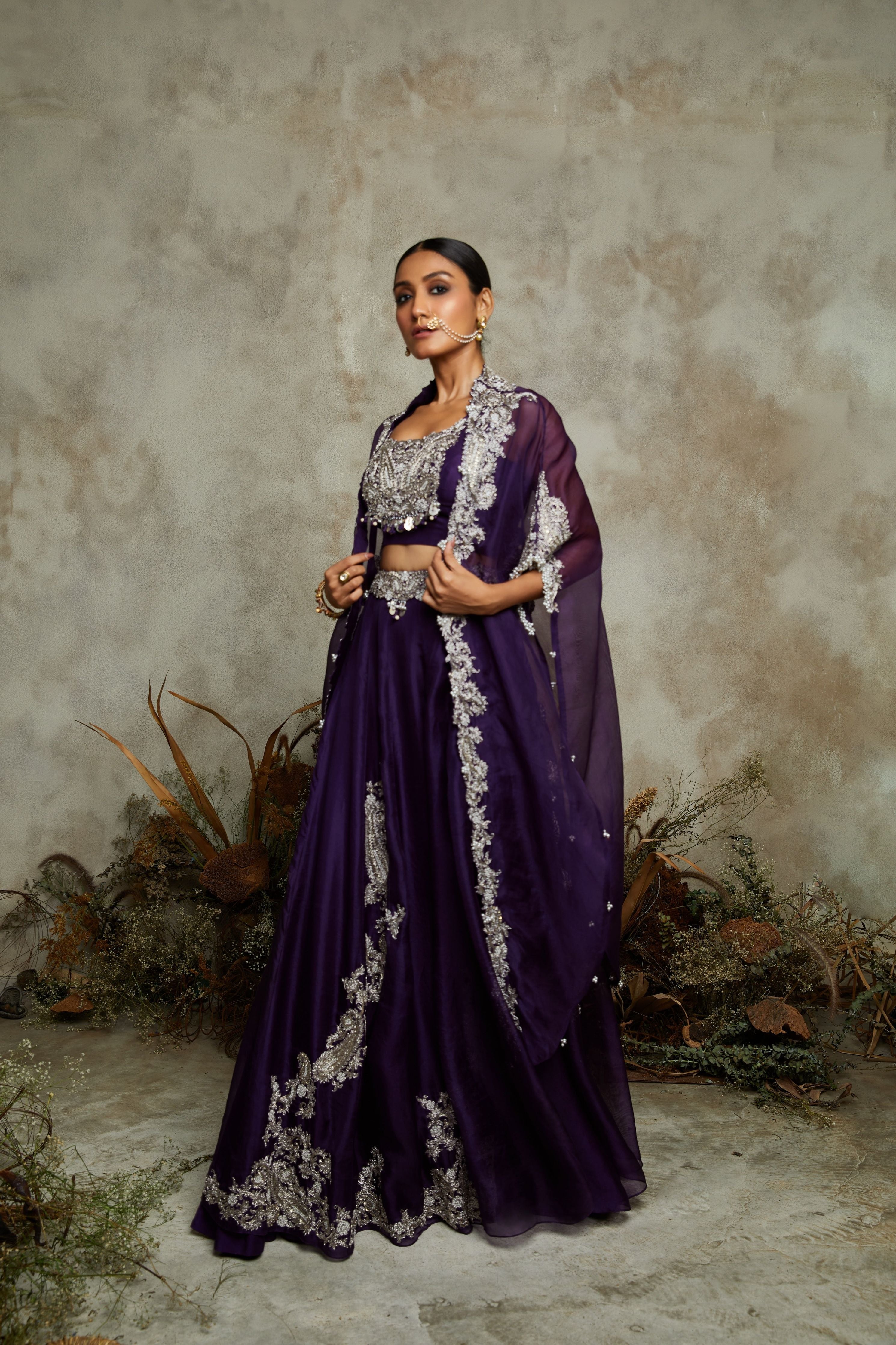 Dark aubergine silk blouse with organza skirt and cape  Mokshaa