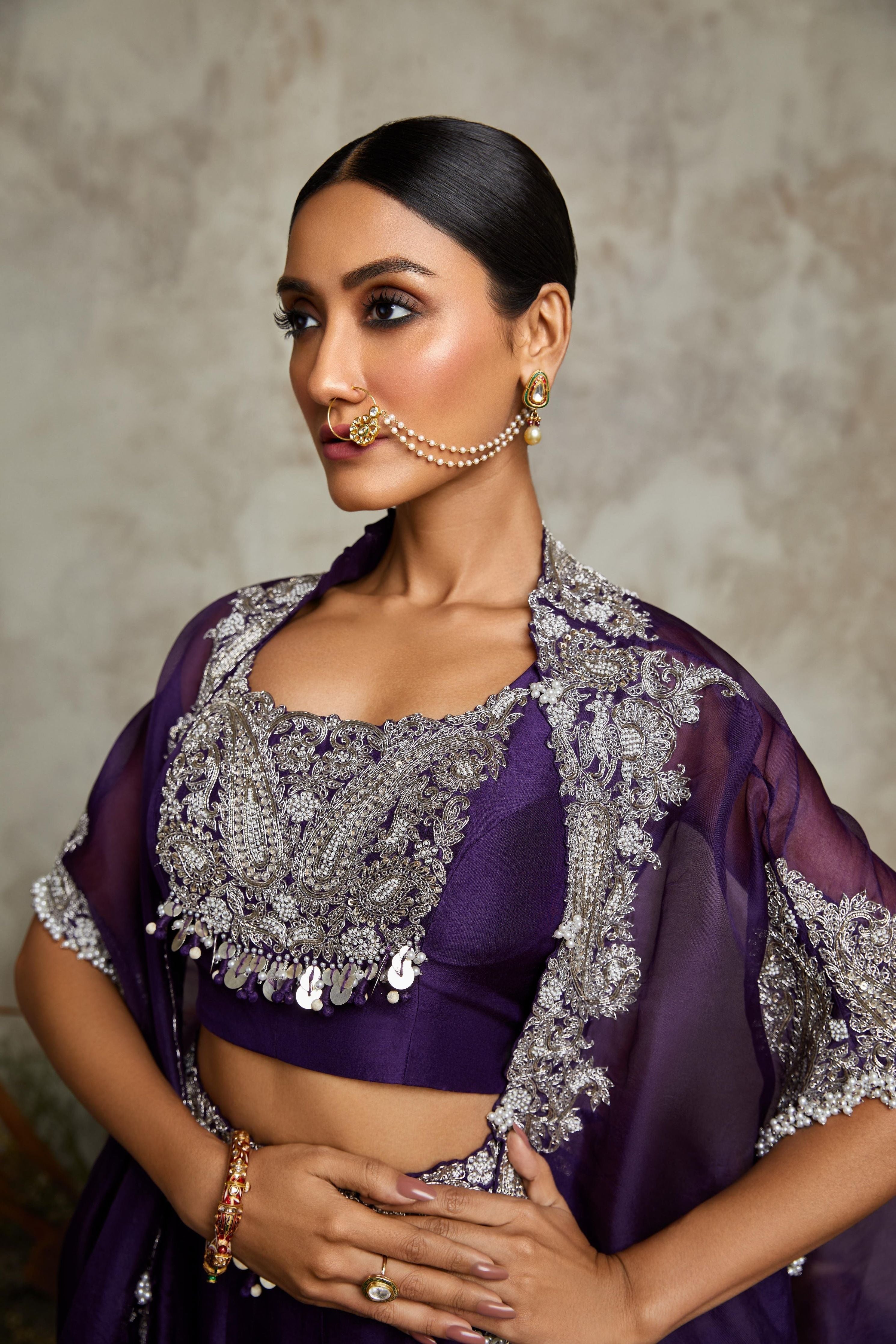 Dark aubergine silk blouse with organza skirt and cape  Mokshaa