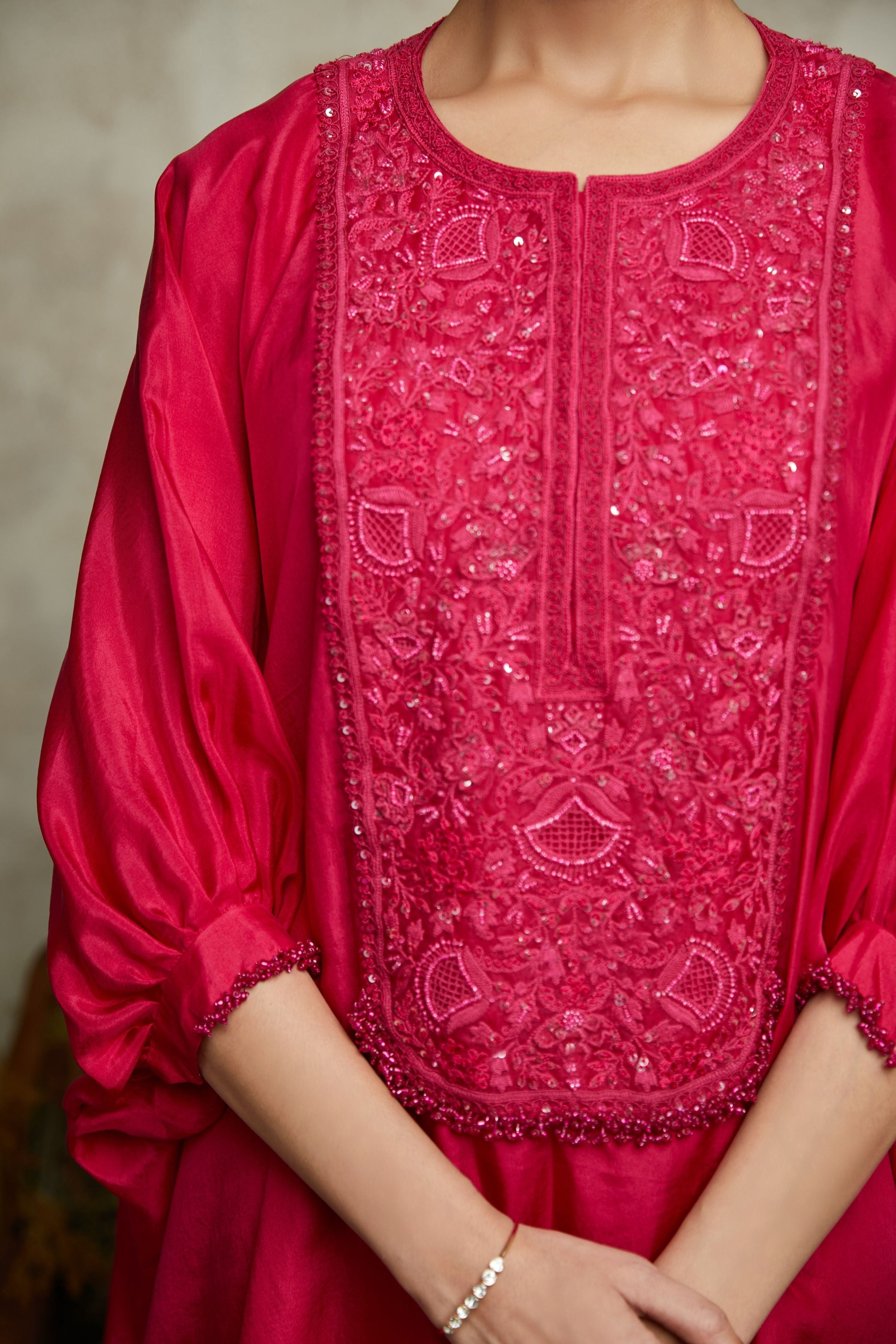 Fuscia habutai kaftaan with cotton satin pants聽 Mokshaa