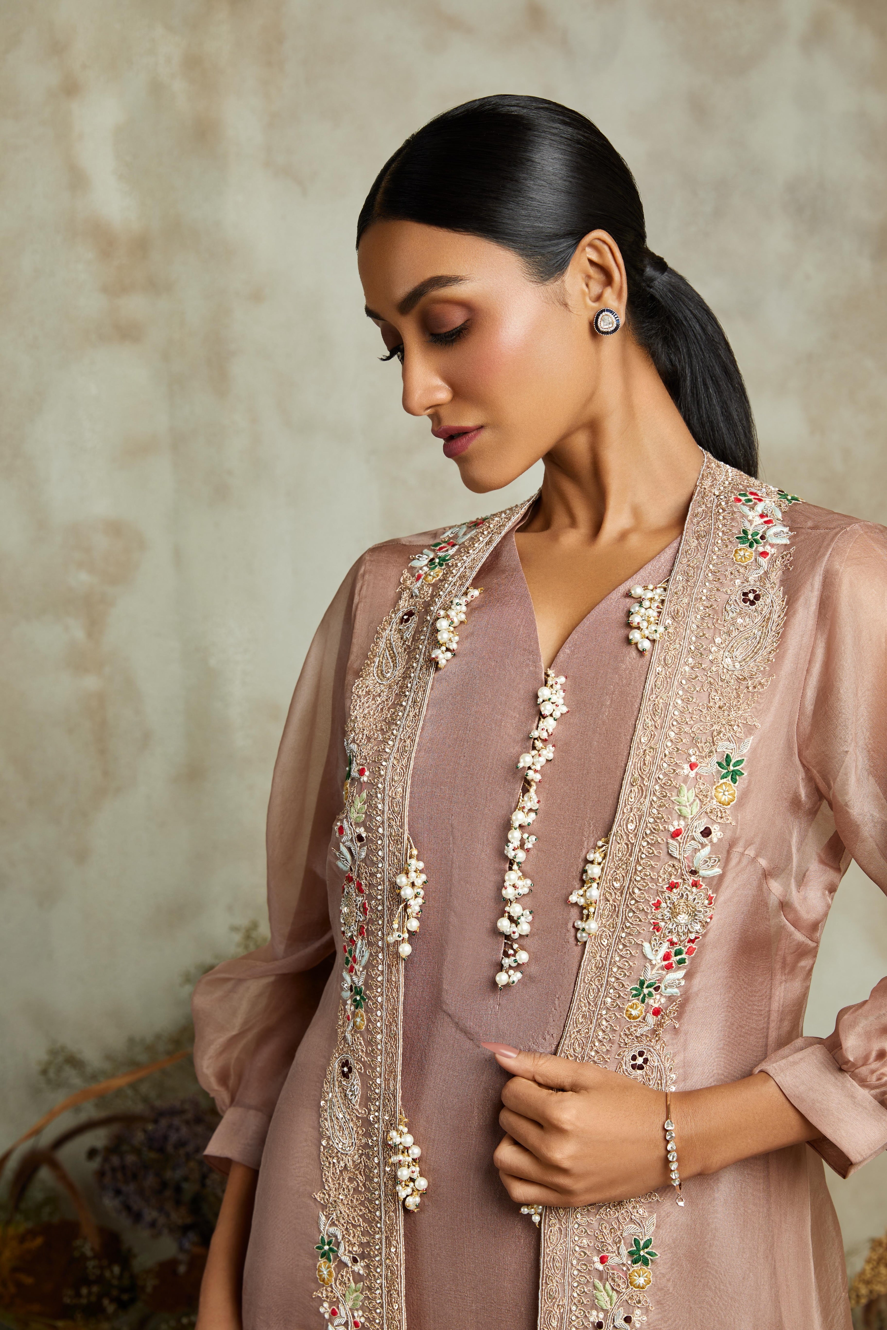 Amythst silk kurta with organza jacket and cotton pants  Mokshaa