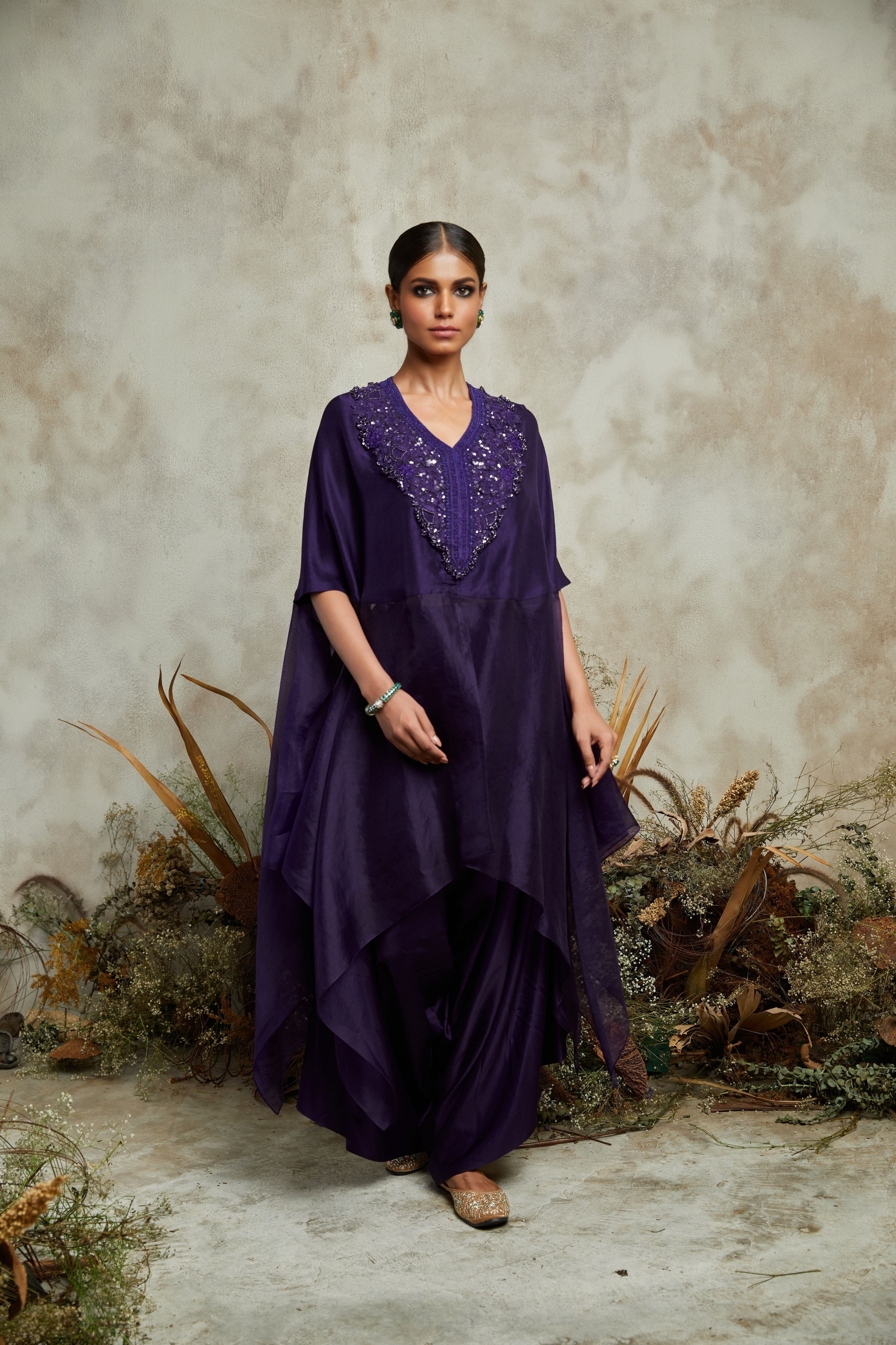 Dark aubergine silk and organza kaftaan with silk bustier and cotton satin pants  Mokshaa