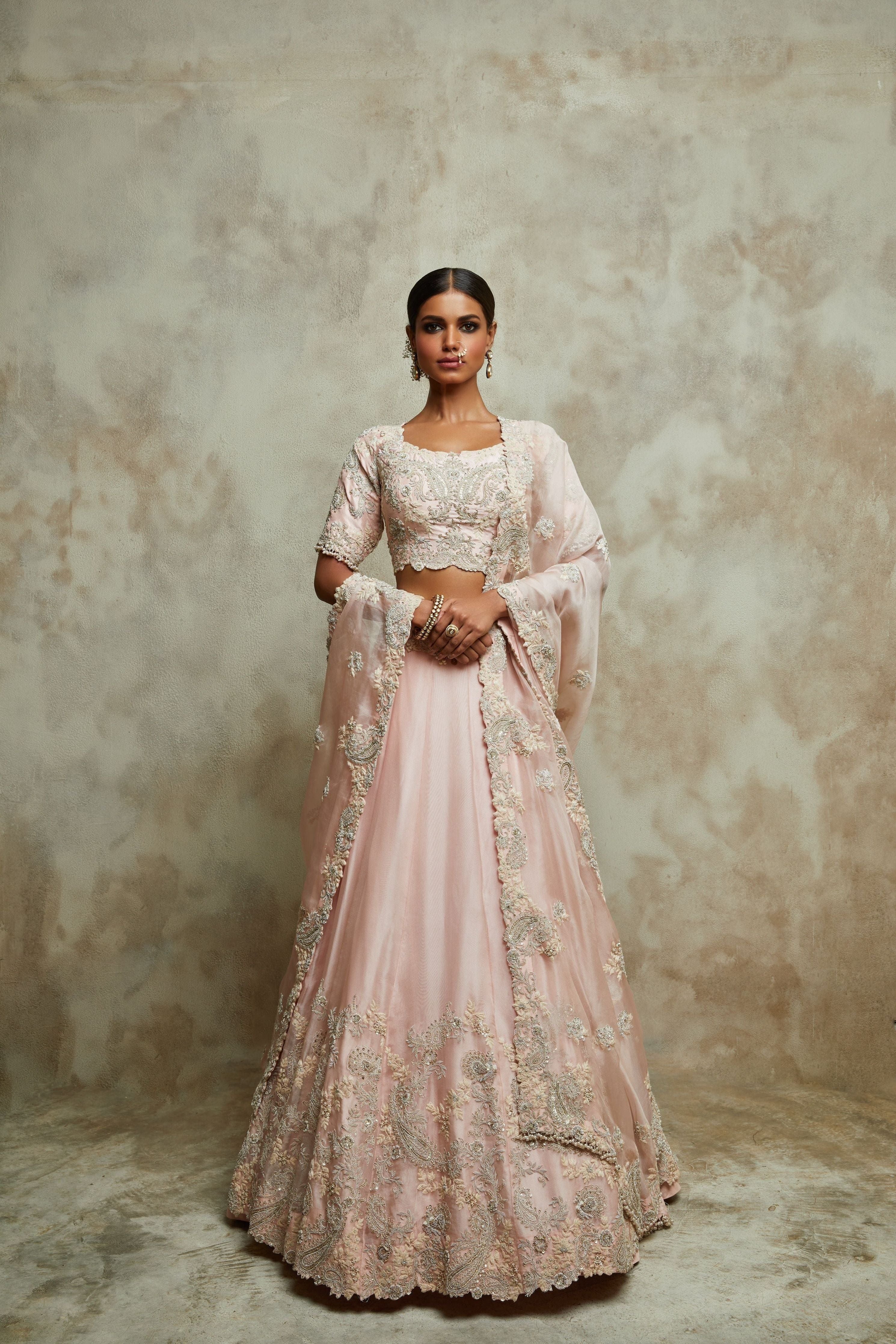 Flamingo silk blouse with organza lehenga and dupatta  Mokshaa