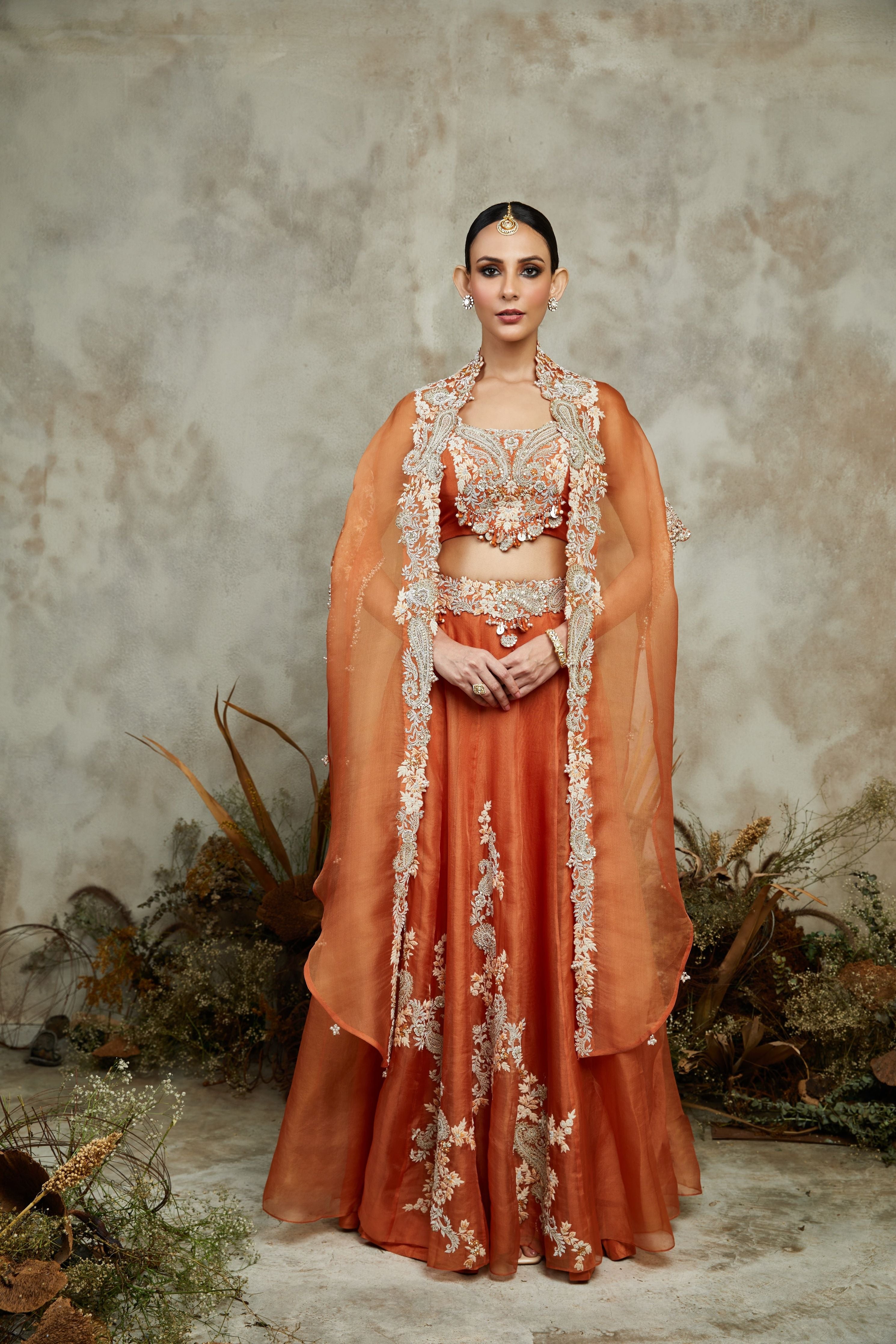 Burnt orange silk blouse with organza cape and skirt  Mokshaa