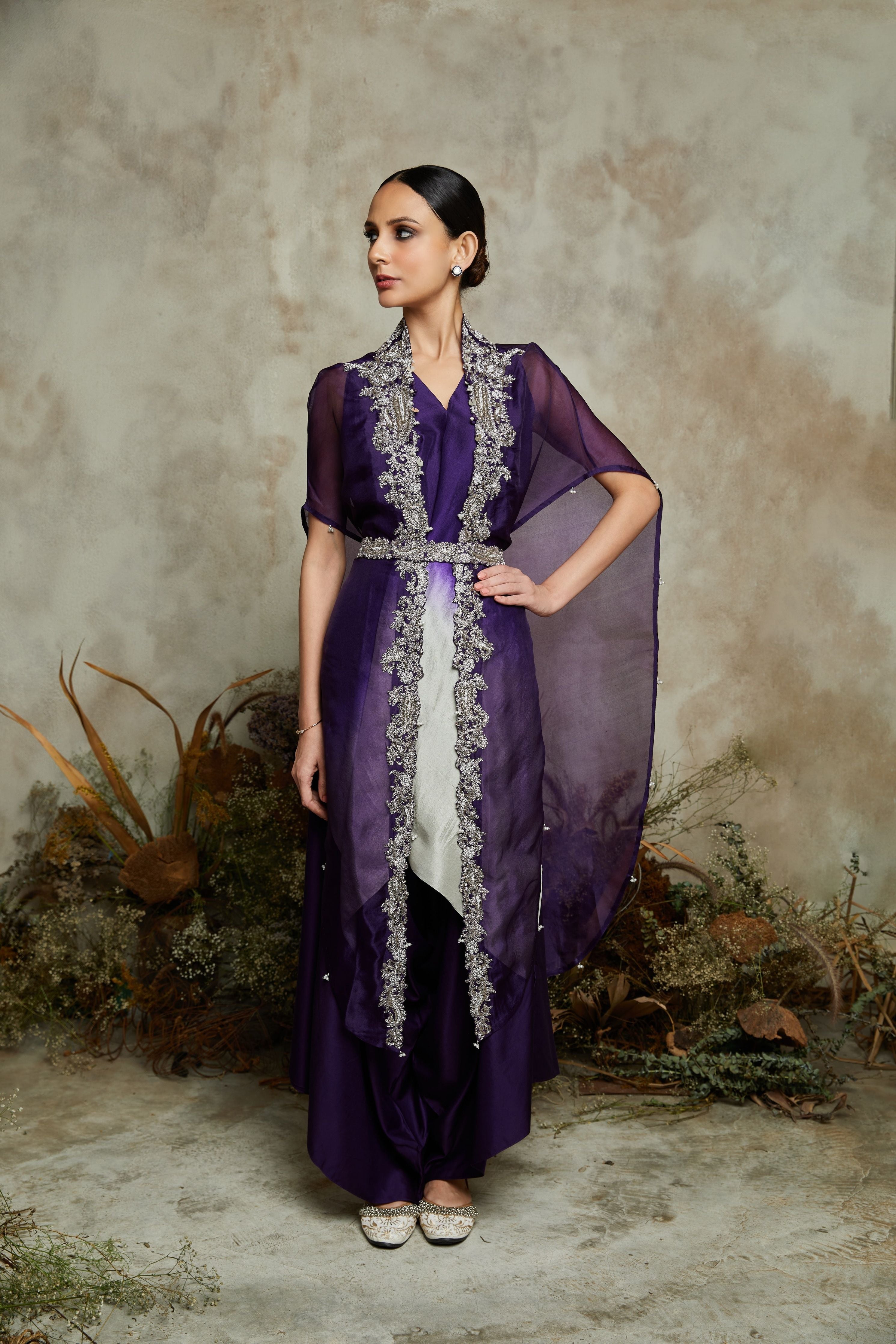 Ombre silk handkerchief kurta with cape and cotton satin pants  Mokshaa