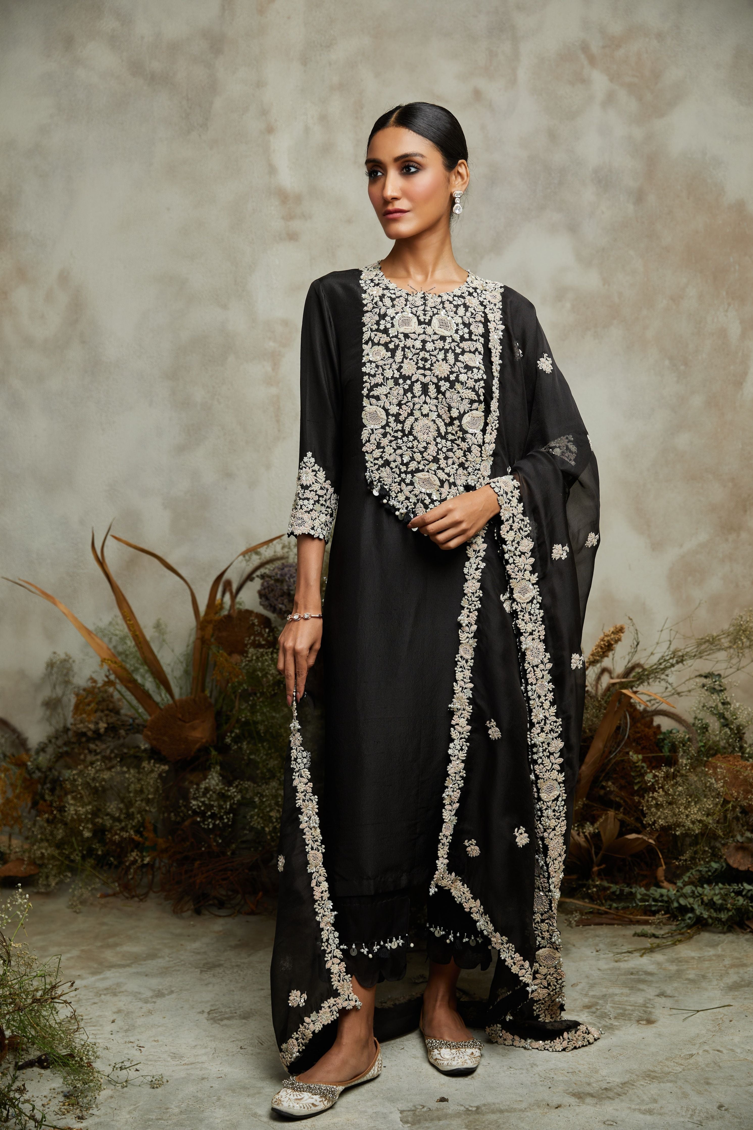 Black silk kurta with organza dupatta and cotton satin pants  Mokshaa