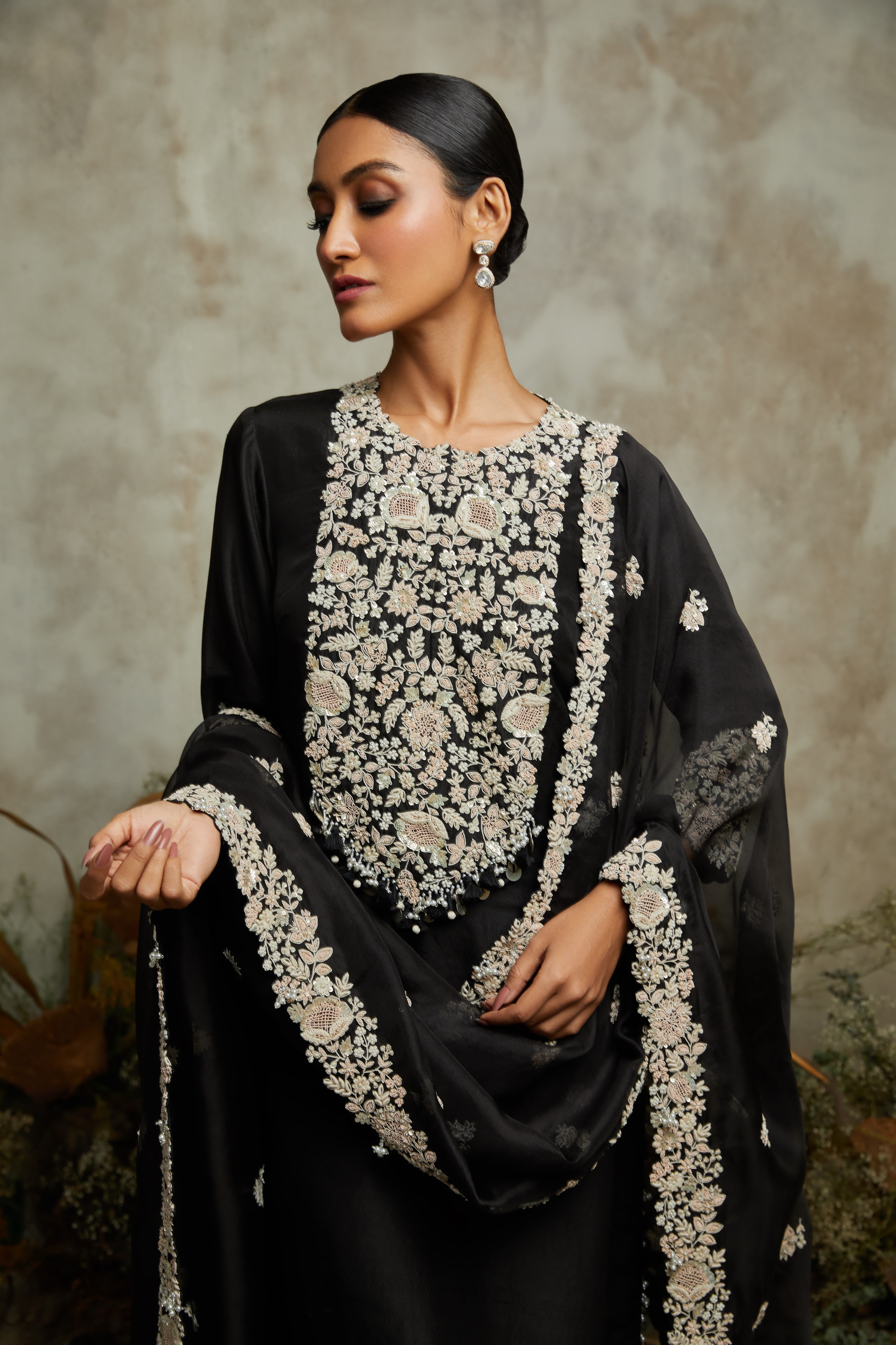 Black silk kurta with organza dupatta and cotton satin pants  Mokshaa