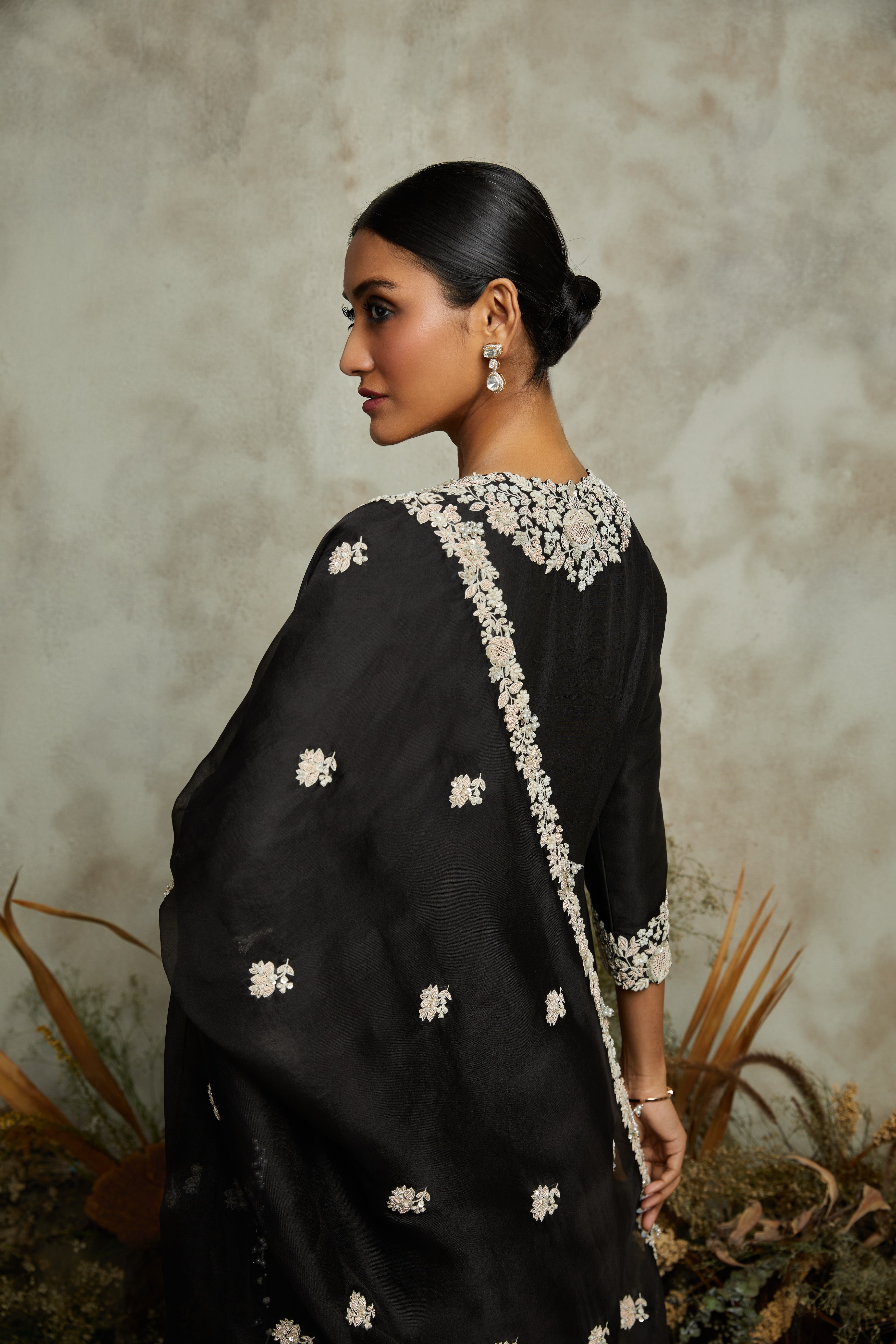 Black silk kurta with organza dupatta and cotton satin pants  Mokshaa