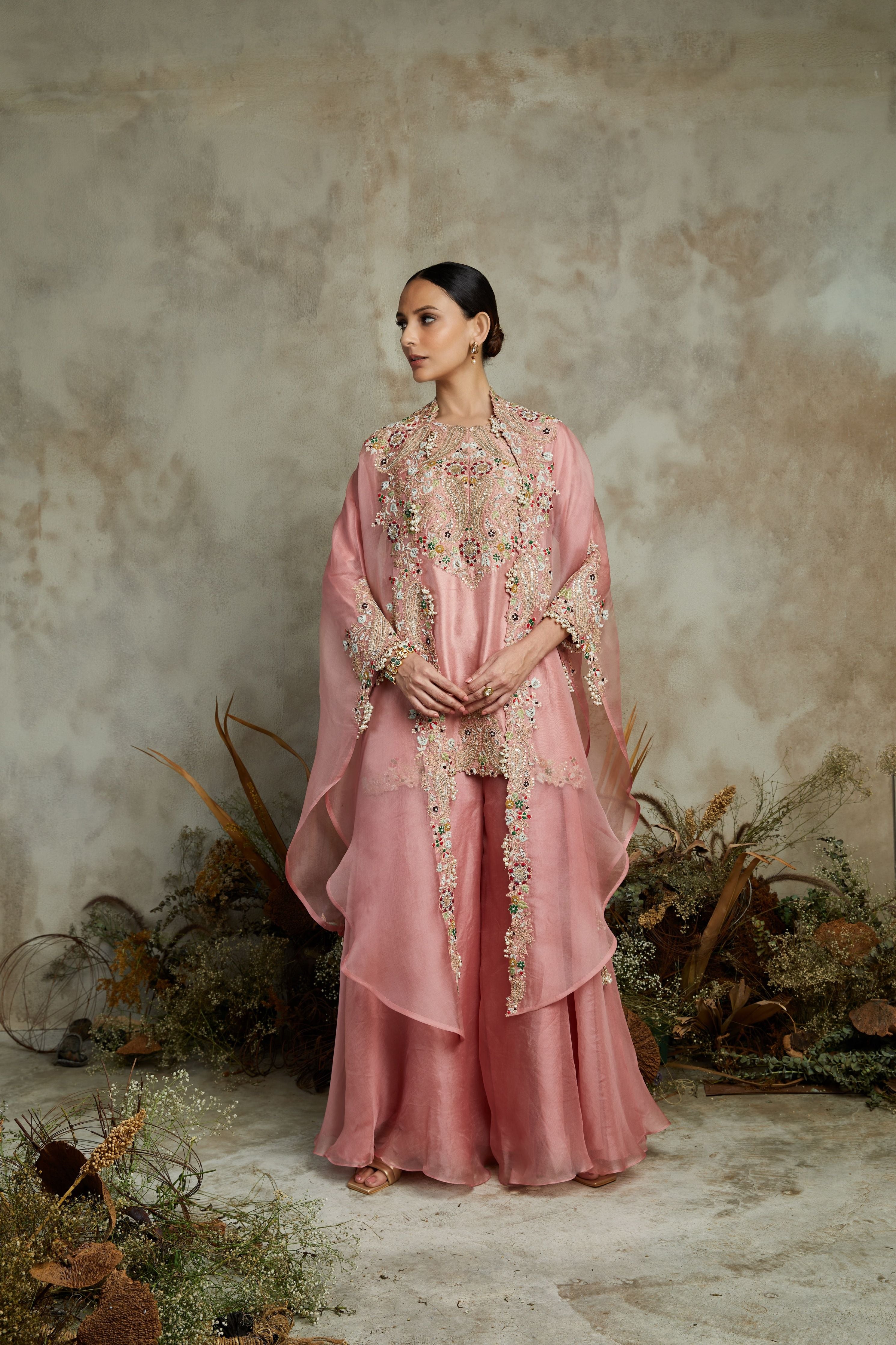 Pink silk kurta with organza cape and sharara  Mokshaa