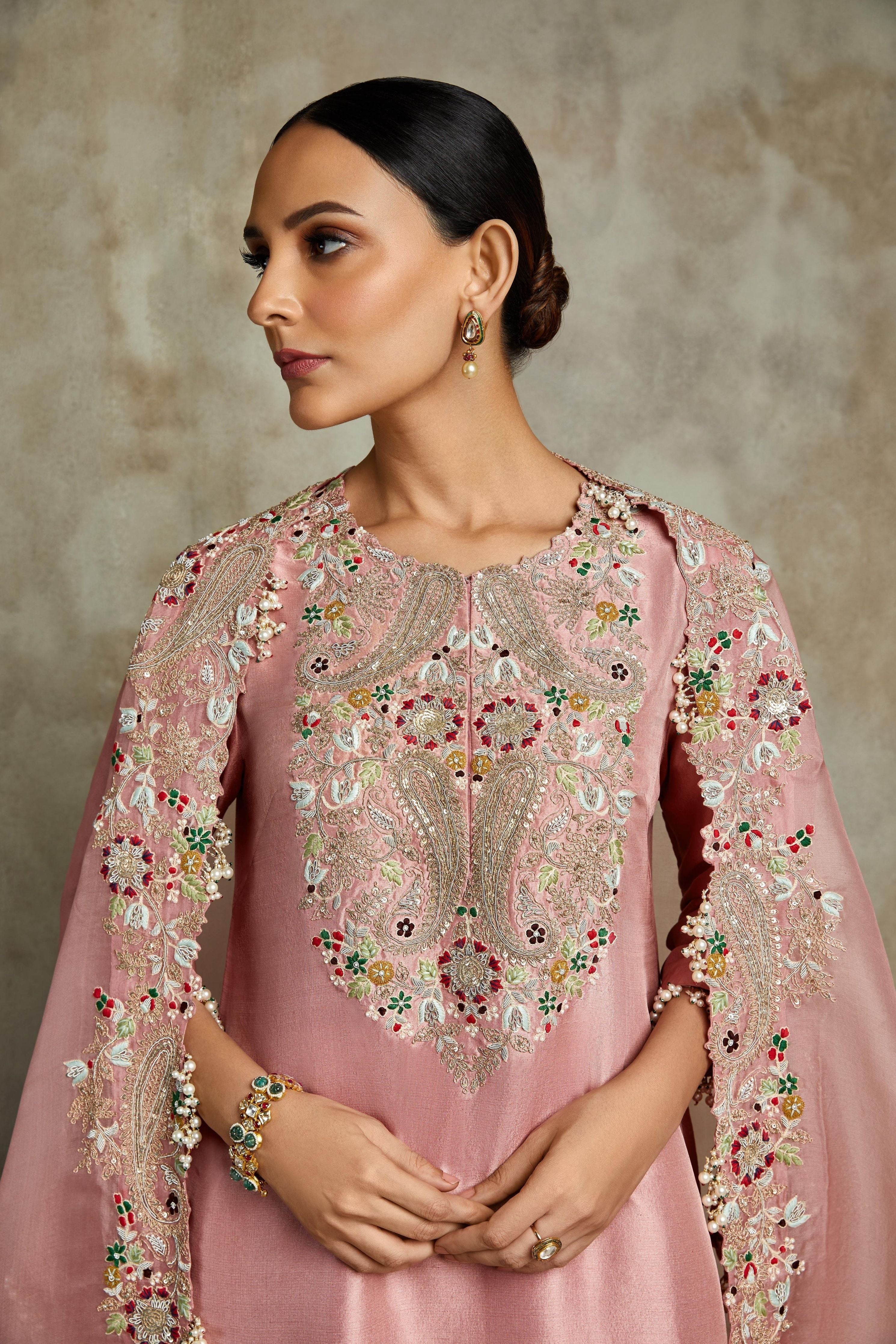 Pink silk kurta with organza cape and sharara  Mokshaa