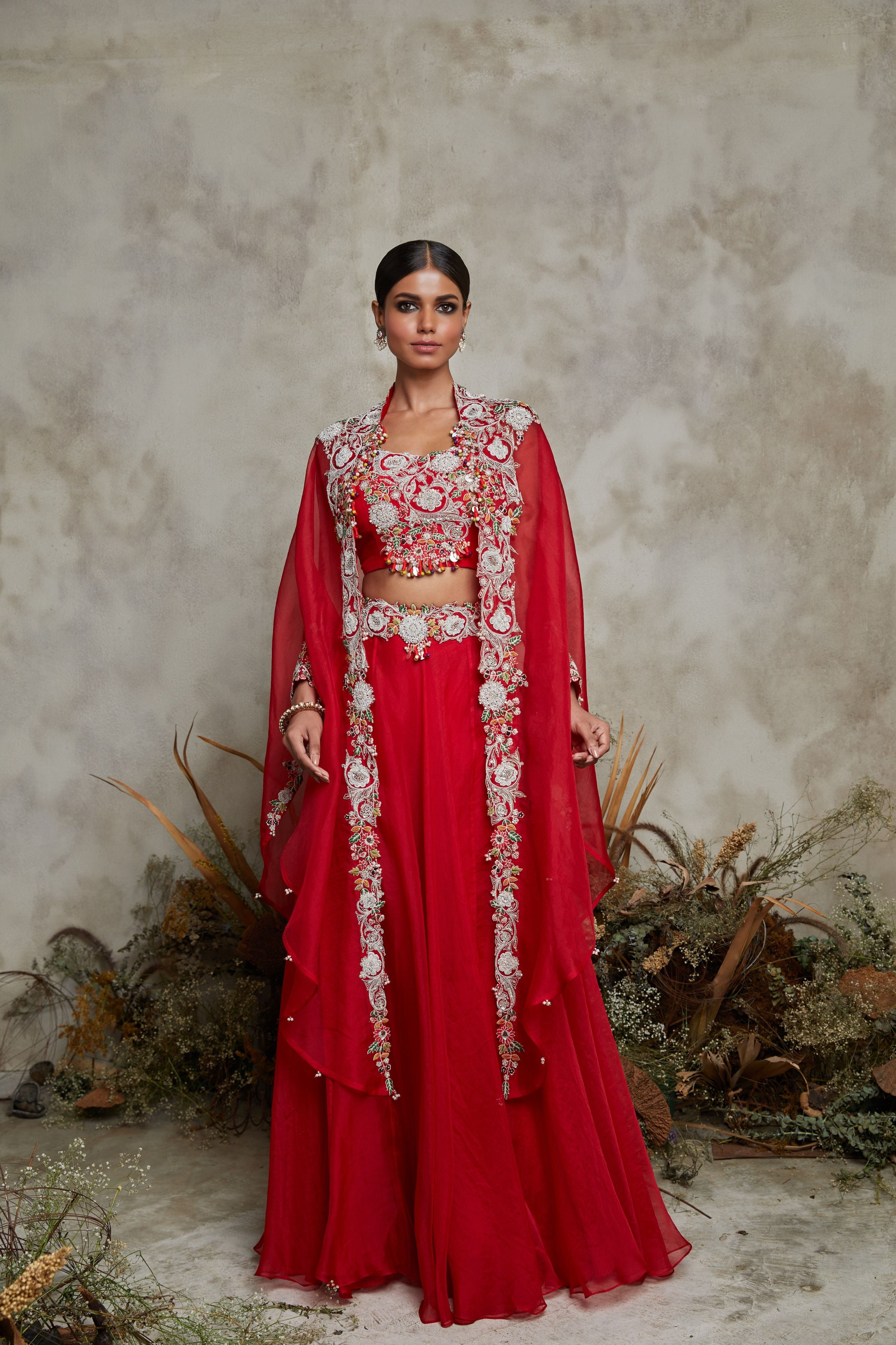 Blood red silk blouse with organza skirt and cape  Mokshaa