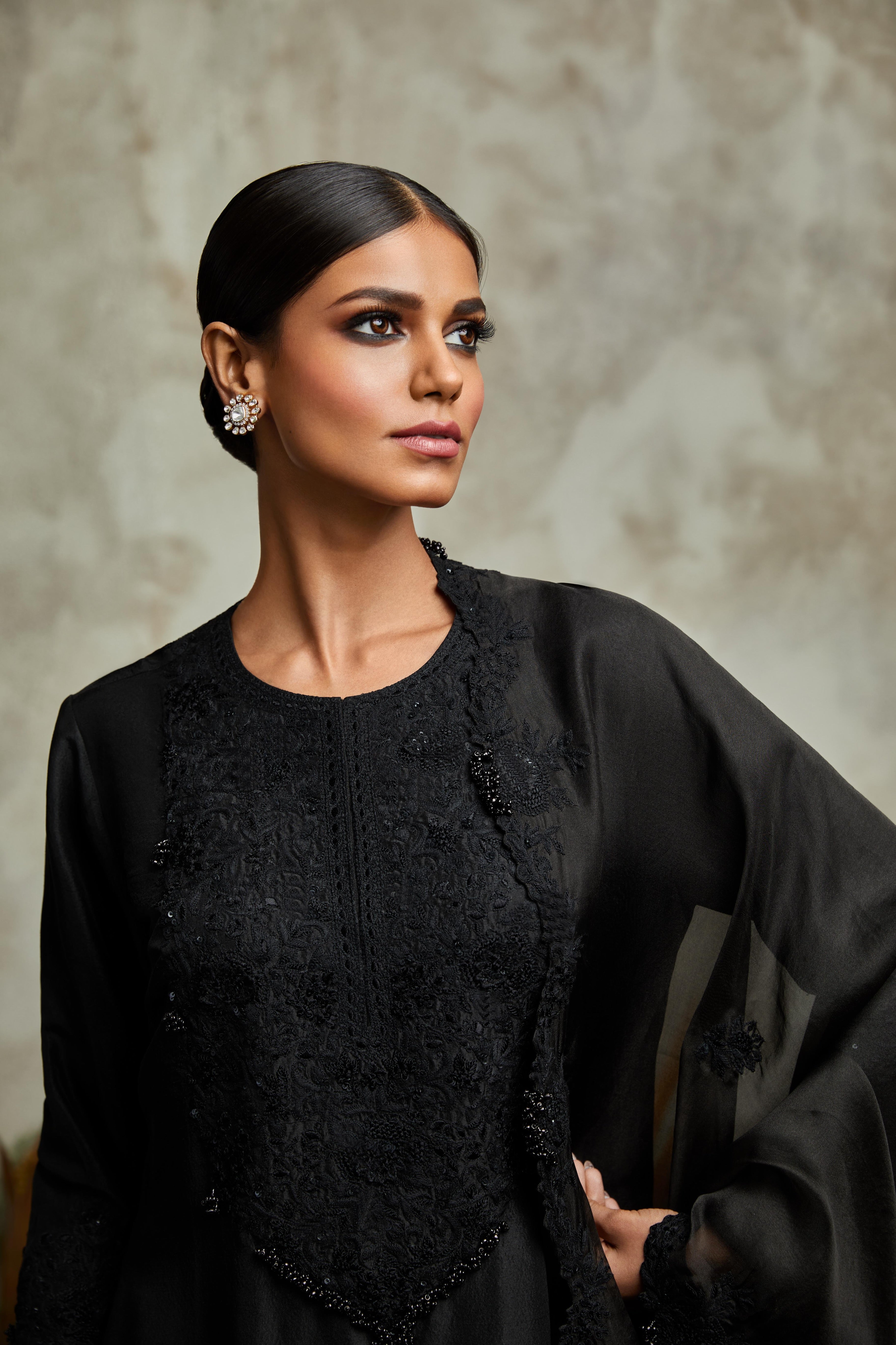 Black silk kurta with organza dupatta and cotton satin pants  Mokshaa