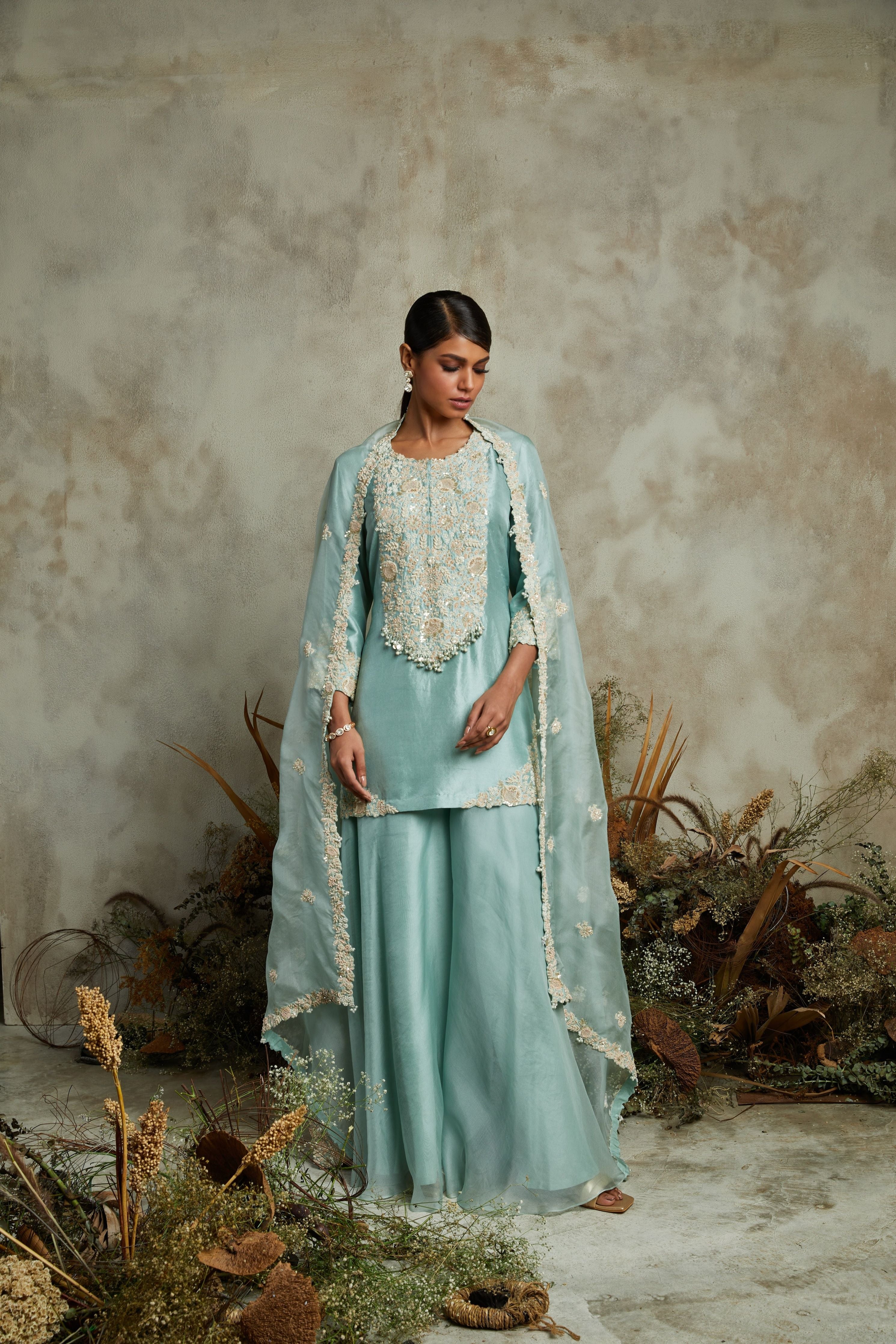 Aqua silk kurta with organza dupatta and sharara  Mokshaa