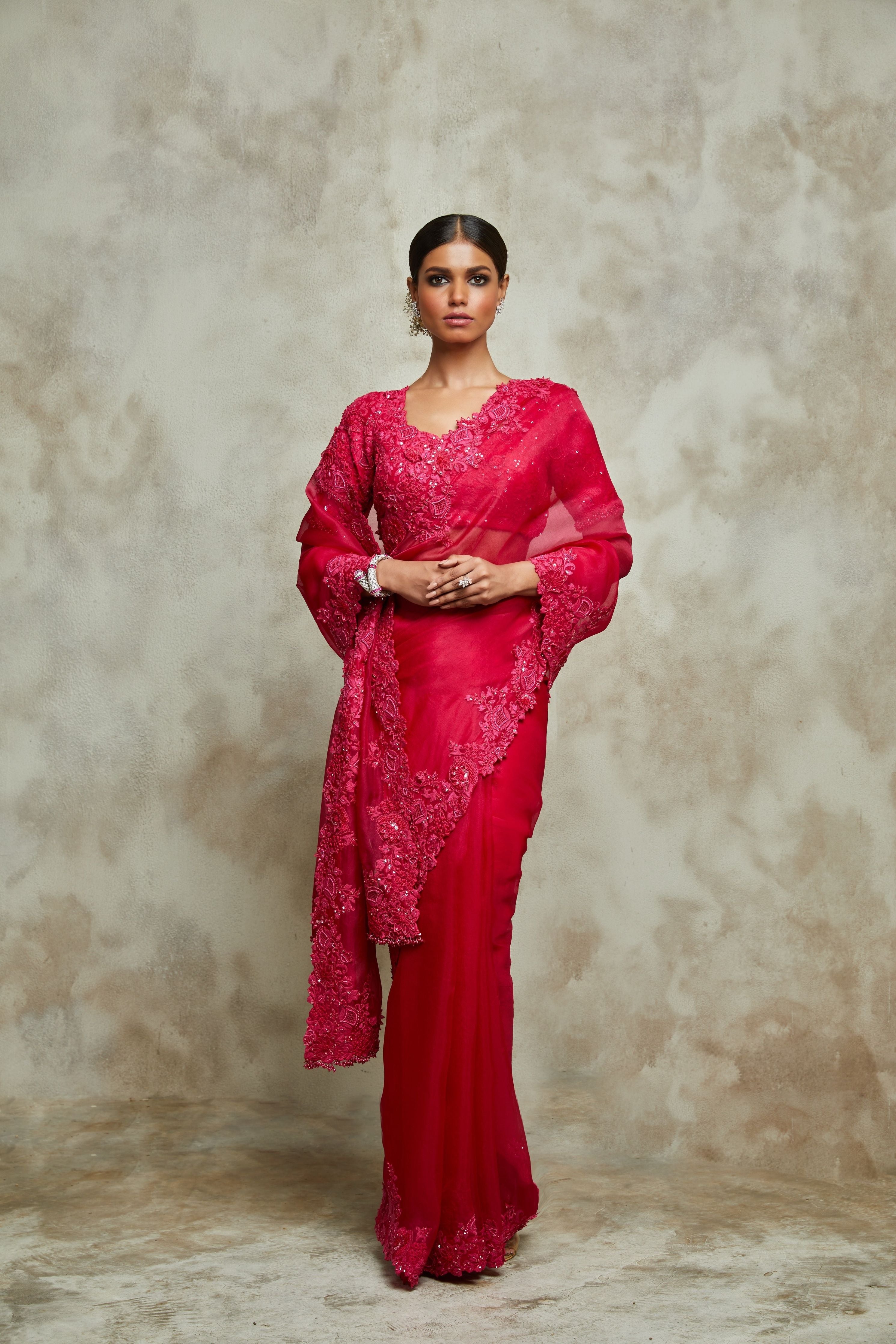 Fuscia Pink Organza Saree with Silk Blouse  Mokshaa