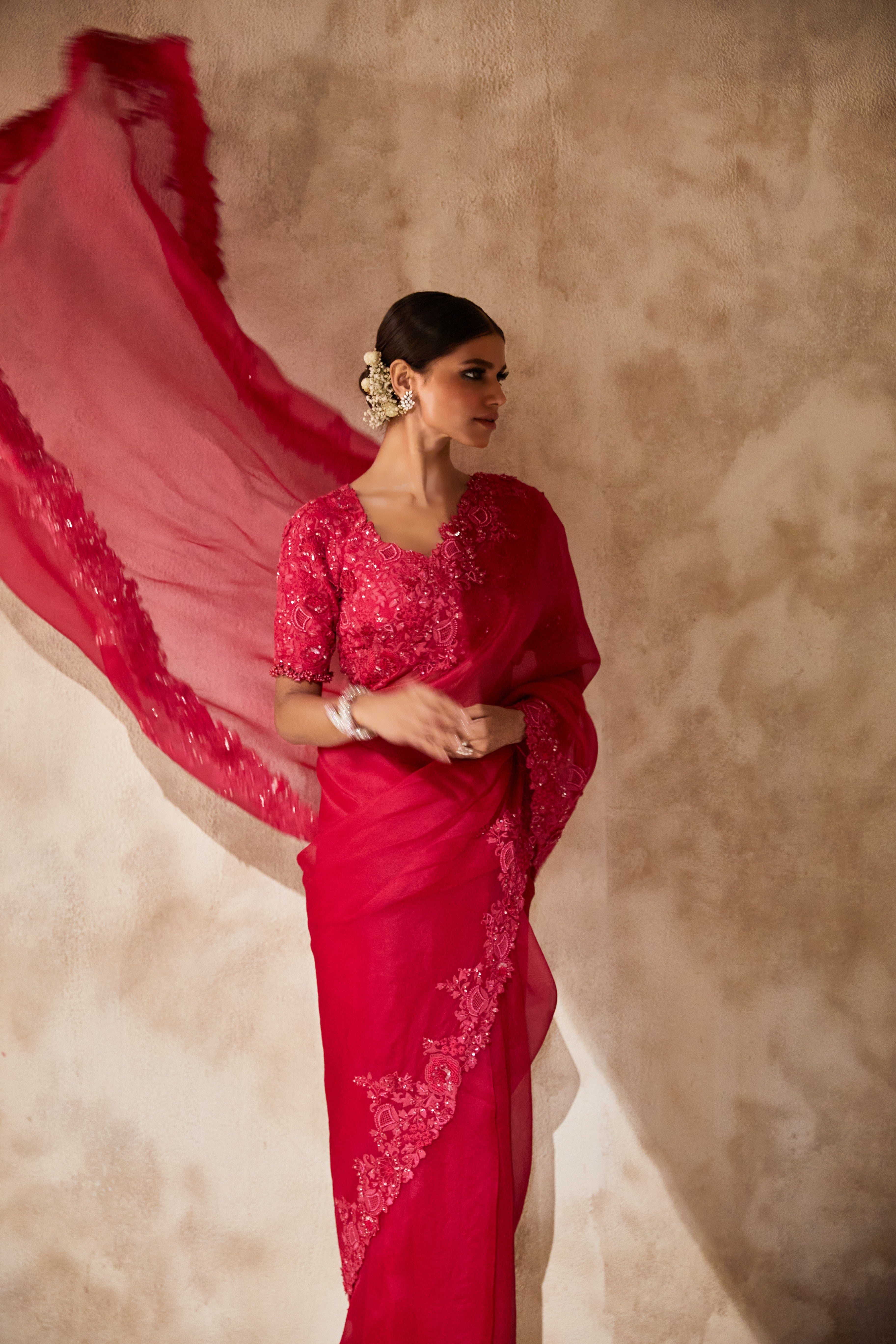 Fuscia Pink Organza Saree with Silk Blouse  Mokshaa