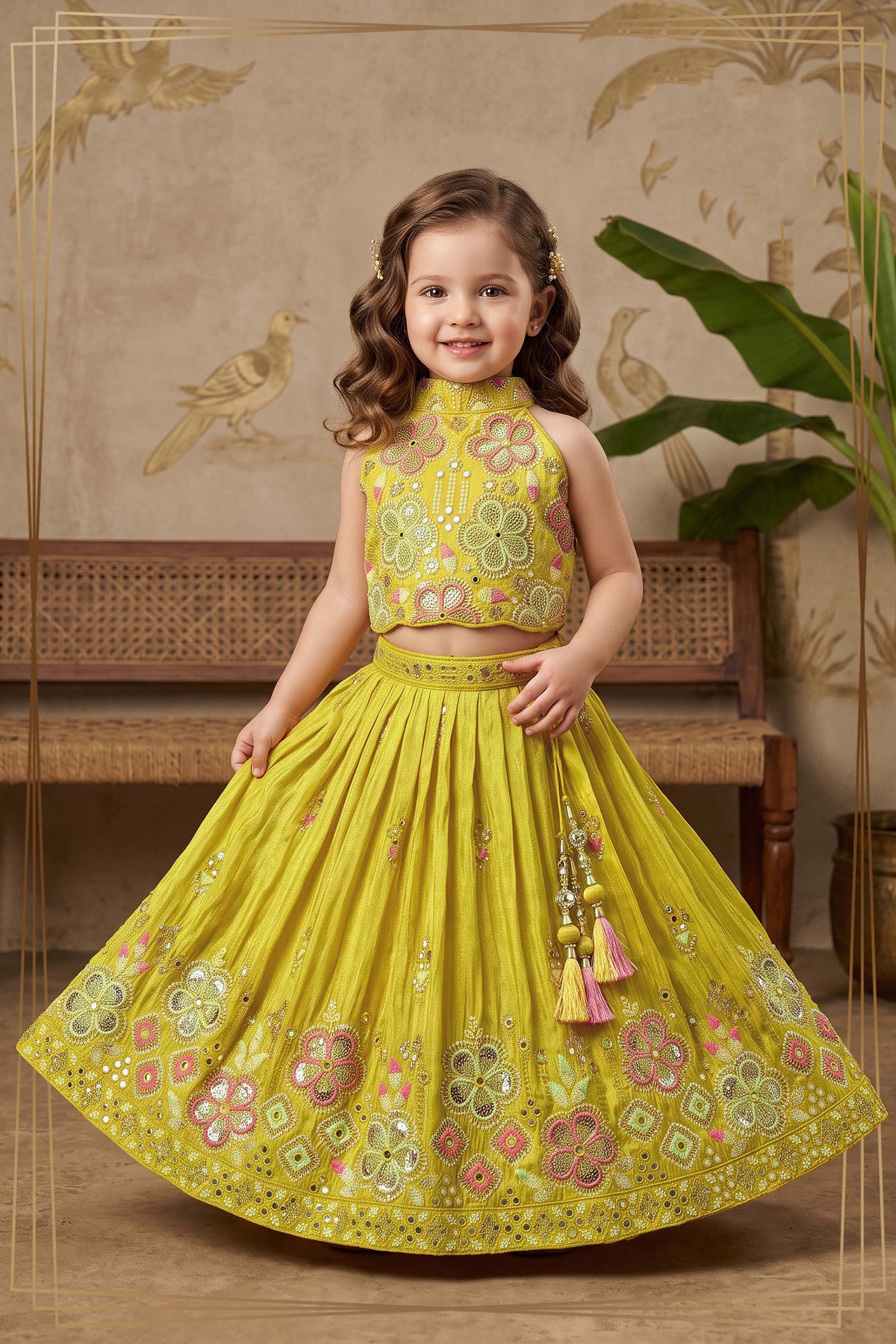 Lime Yellow Shimmer Floral Lehenga Set