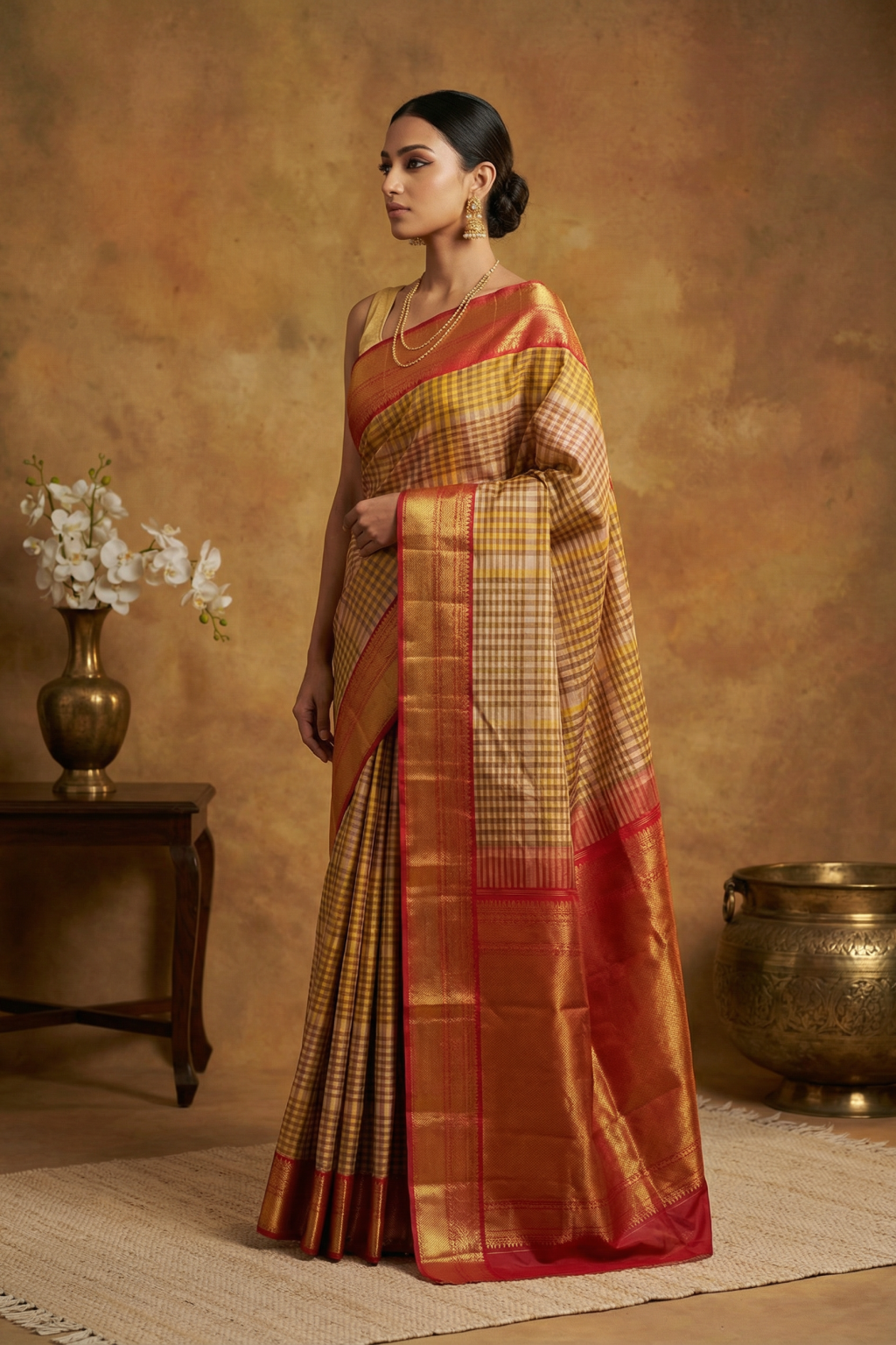 Multicolor Kanchivaram Silk Saree and Contrast Red Zari Border