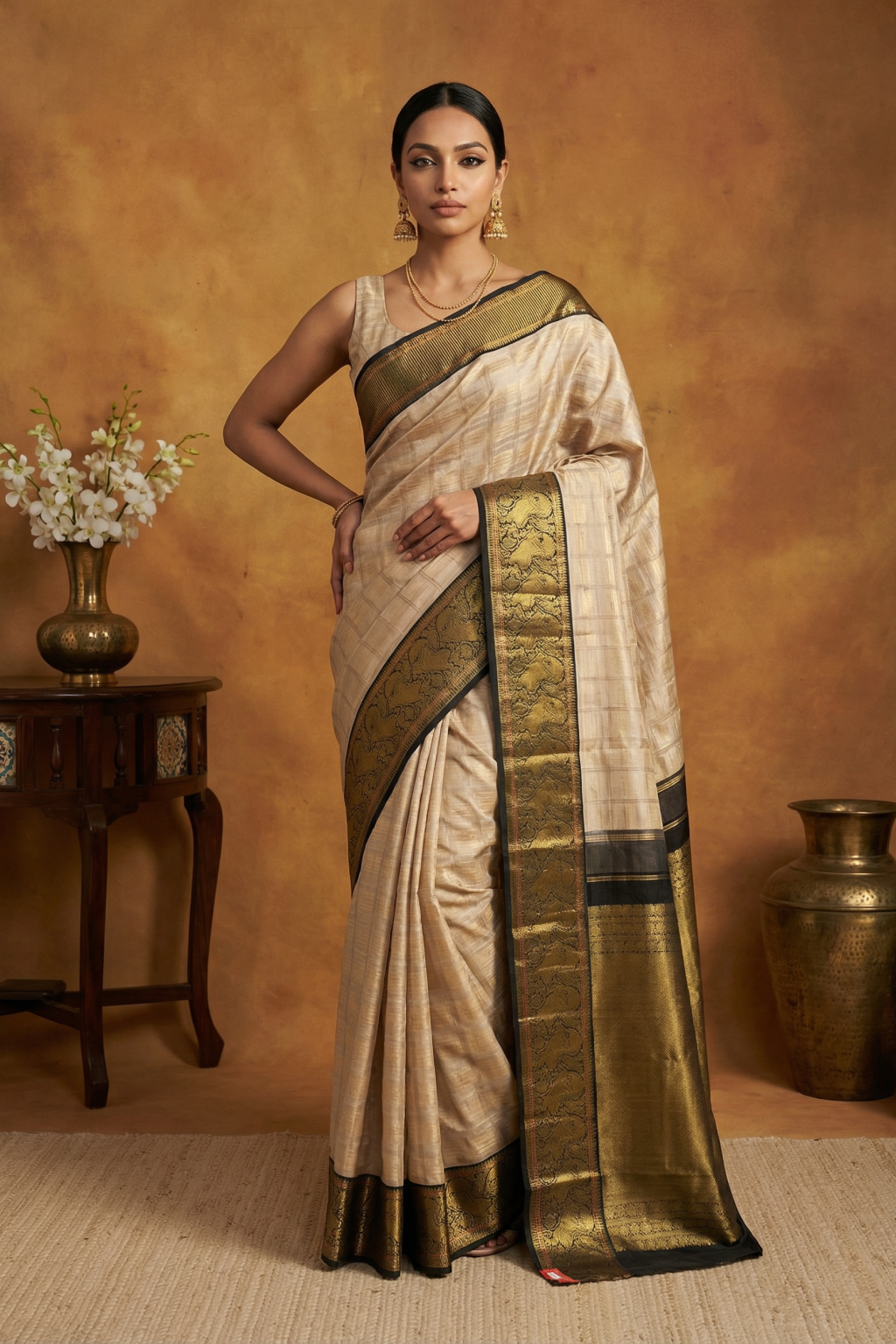 Beige Kanchivaram Silk Saree and Contrast Black Zari Border