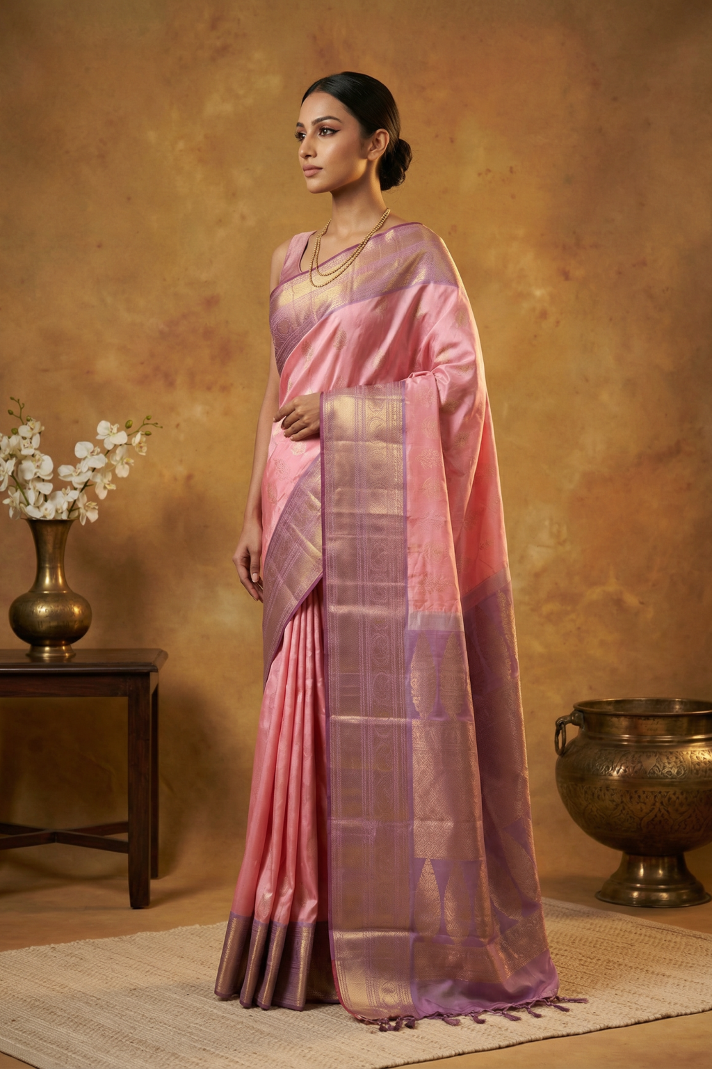 Light Pink Kanchivaram Silk Saree with Zari Woven Body Contrast Lavender Zari Border