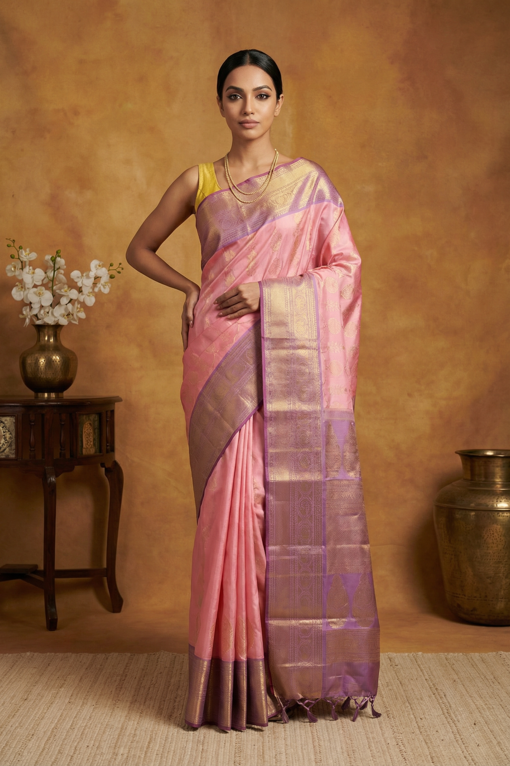 Light Pink Kanchivaram Silk Saree with Zari Woven Body Contrast Lavender Zari Border