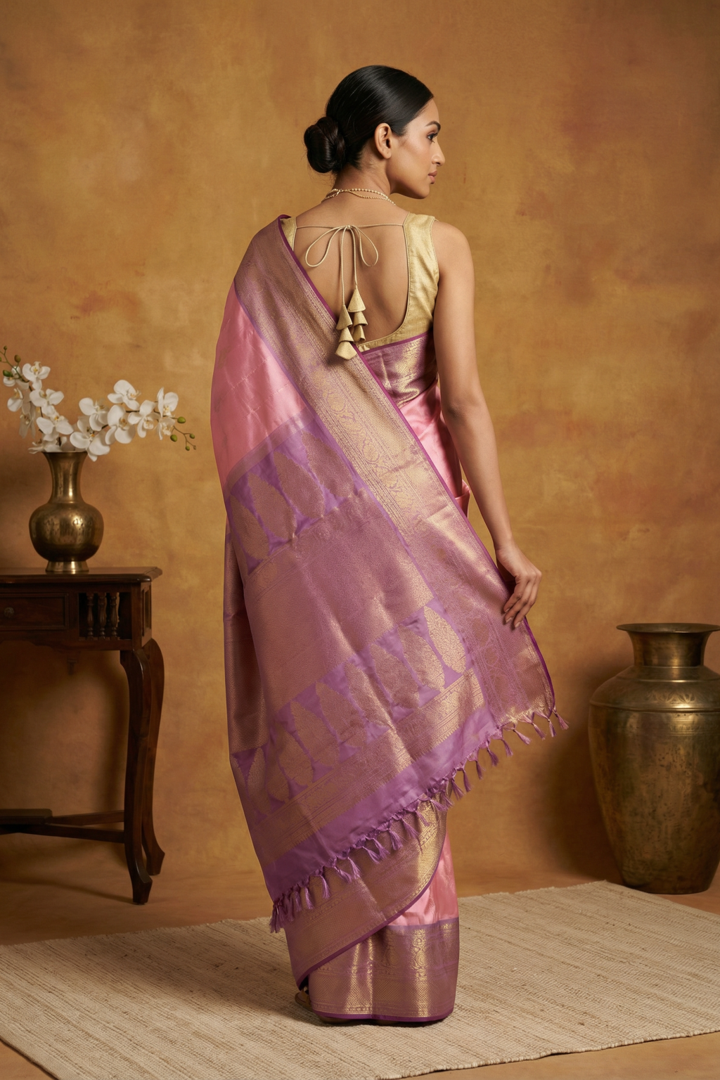 Light Pink Kanchivaram Silk Saree with Zari Woven Body Contrast Lavender Zari Border