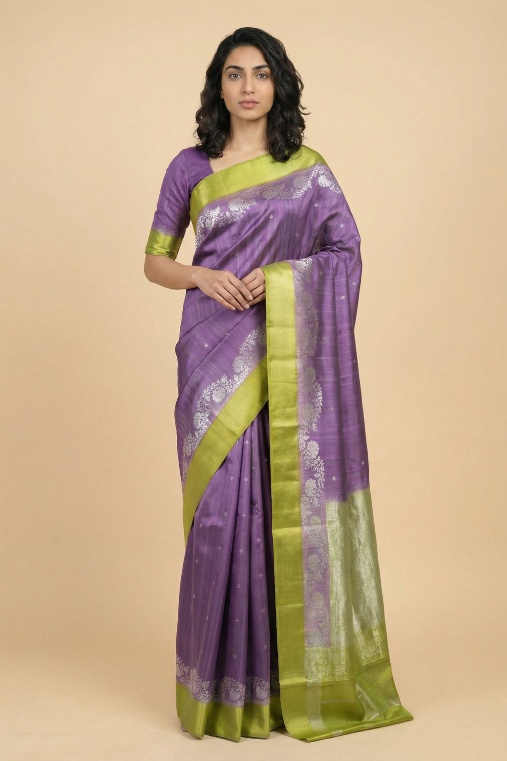 Lavender Banarasi Chanderi Silk Saree with Zari Butti and Contrast Border