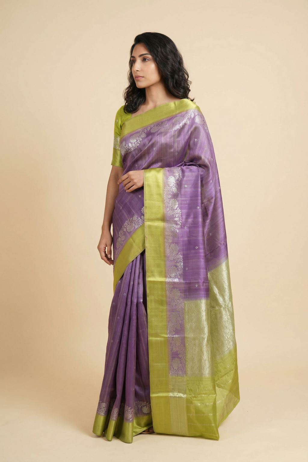 Lavender Banarasi Chanderi Silk Saree with Zari Butti and Contrast Border