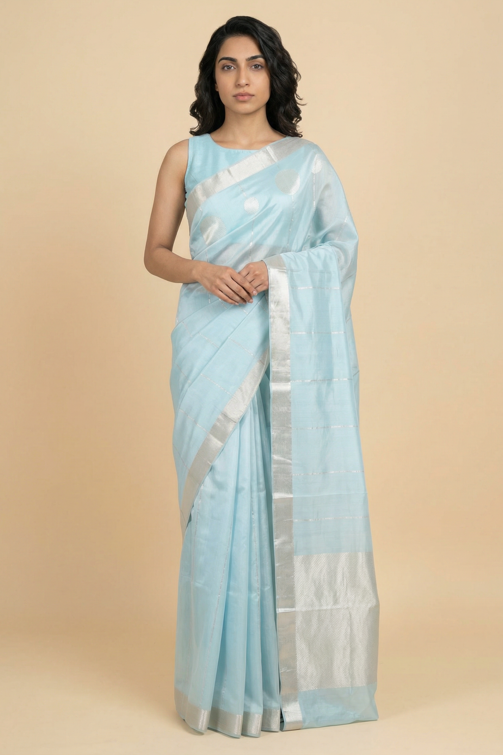 Sky Blue Banarasi Chanderi Silk Saree with Stripes and Butta Border