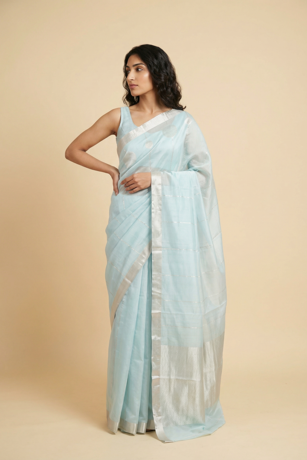 Sky Blue Banarasi Chanderi Silk Saree with Stripes and Butta Border