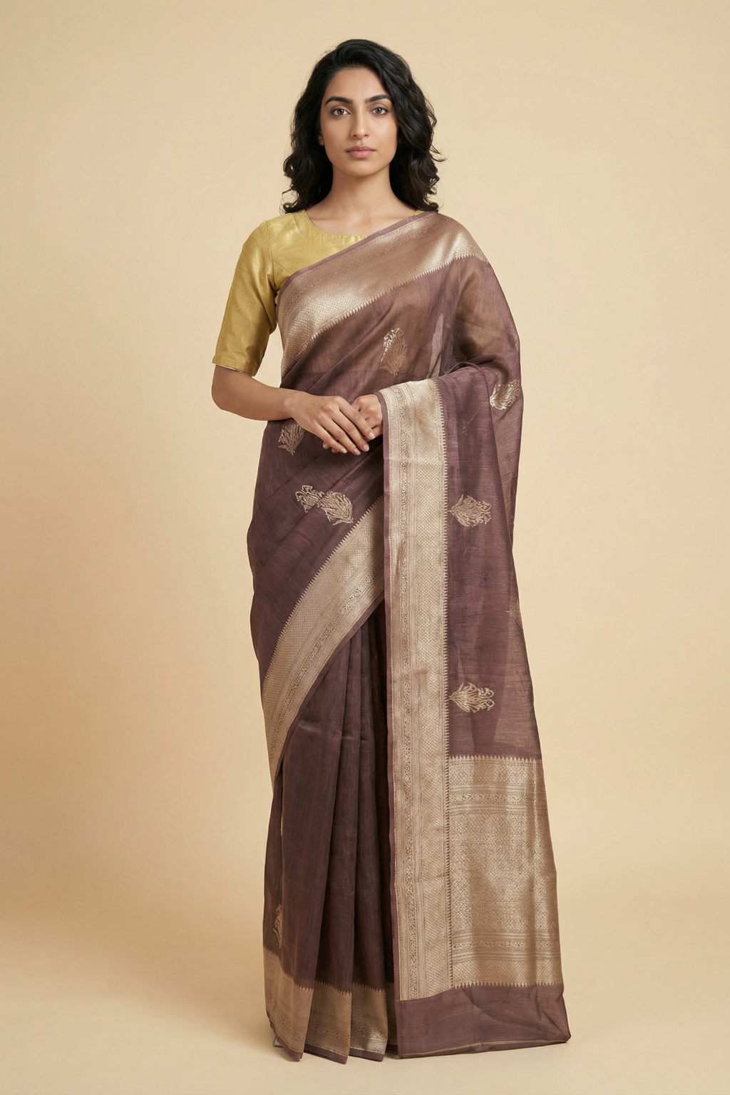 Chikko Linen Banaras Saree with All Over Buttis and Rich Zari Border