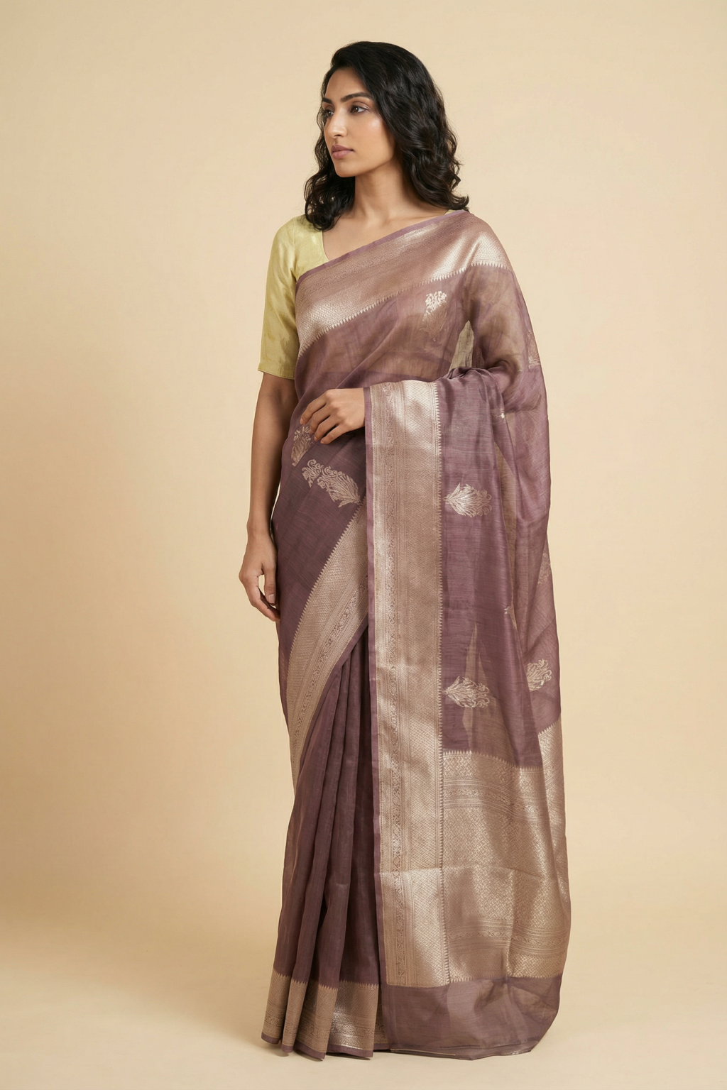 Chikko Linen Banaras Saree with All Over Buttis and Rich Zari Border