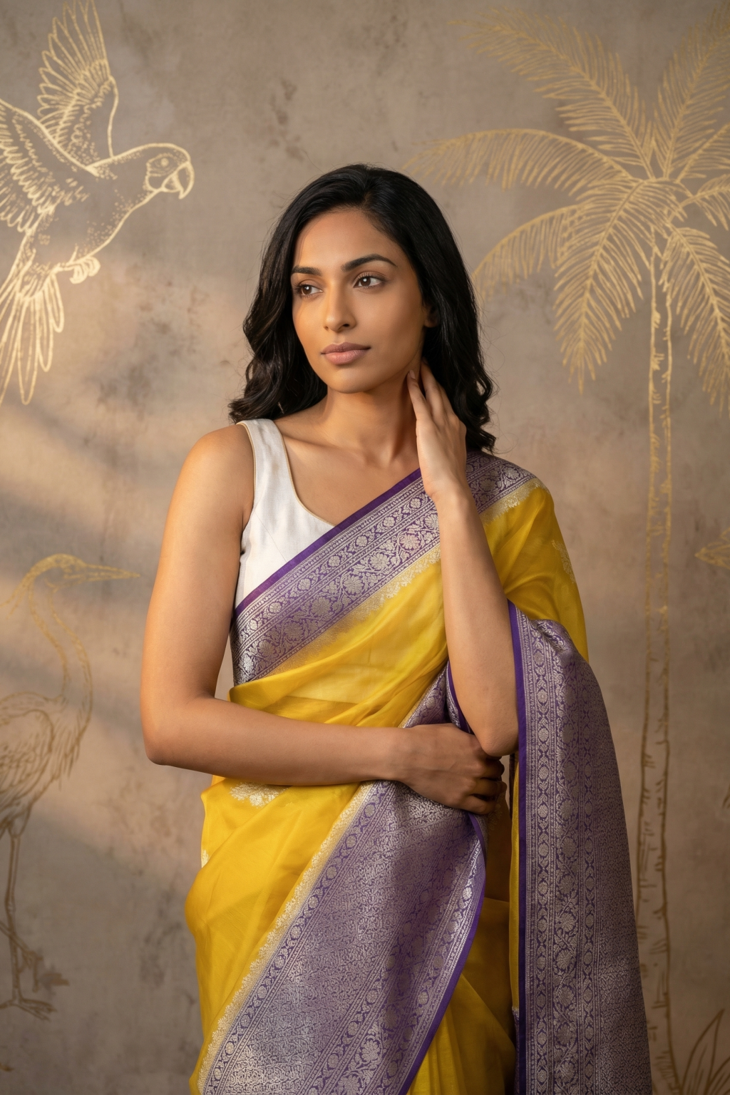 Yellow Kora Silk Banarasi Saree with Zari Butta and Silver Zari Contrast Border