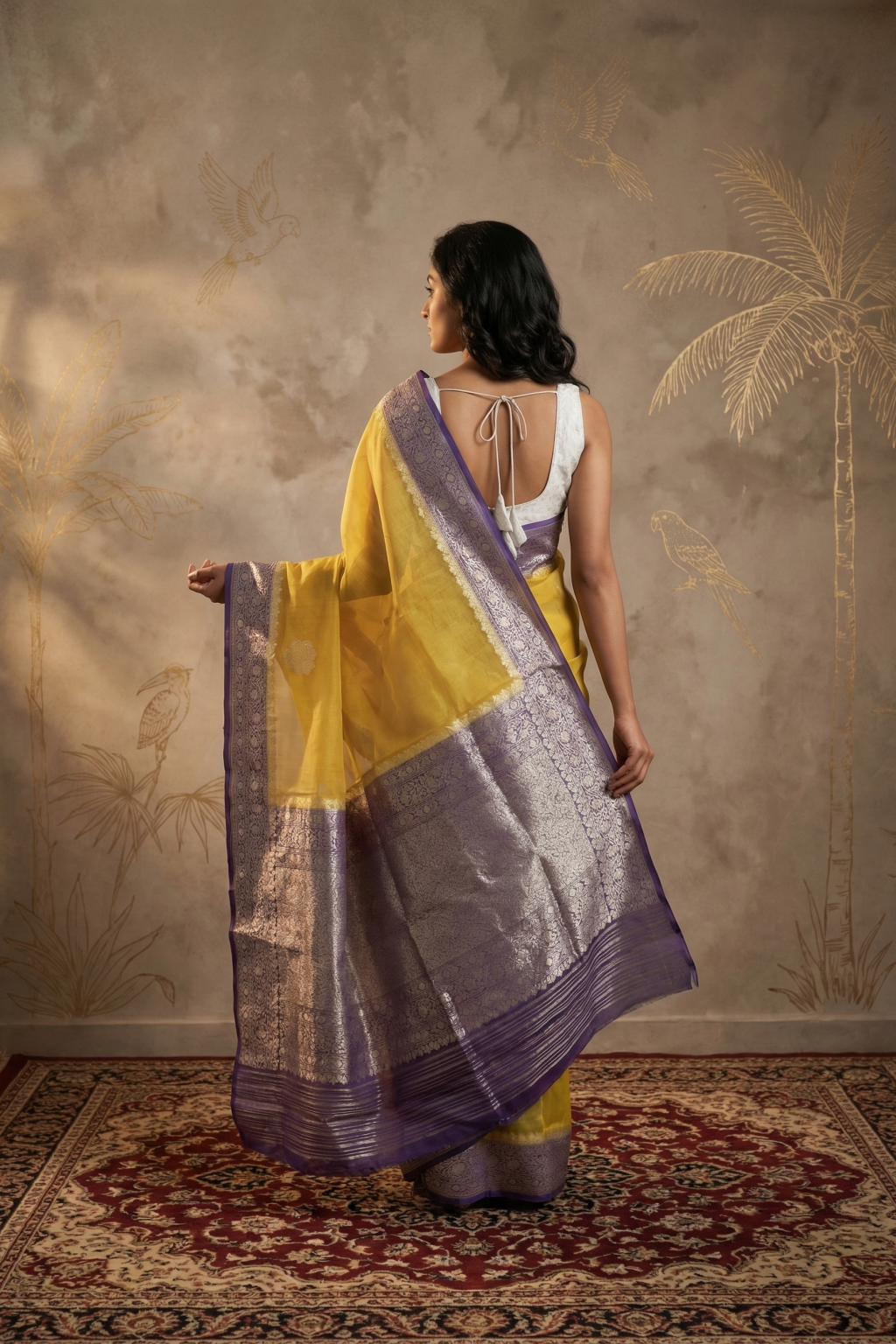 Yellow Kora Silk Banarasi Saree with Zari Butta and Silver Zari Contrast Border