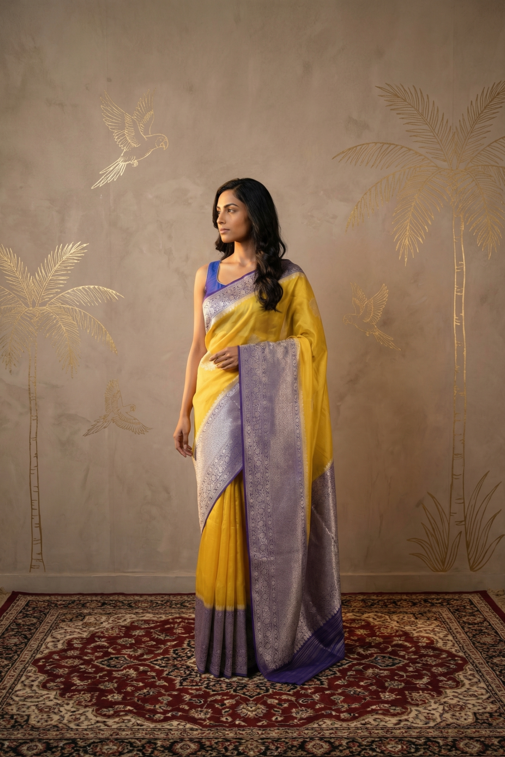 Yellow Kora Silk Banarasi Saree with Zari Butta and Silver Zari Contrast Border