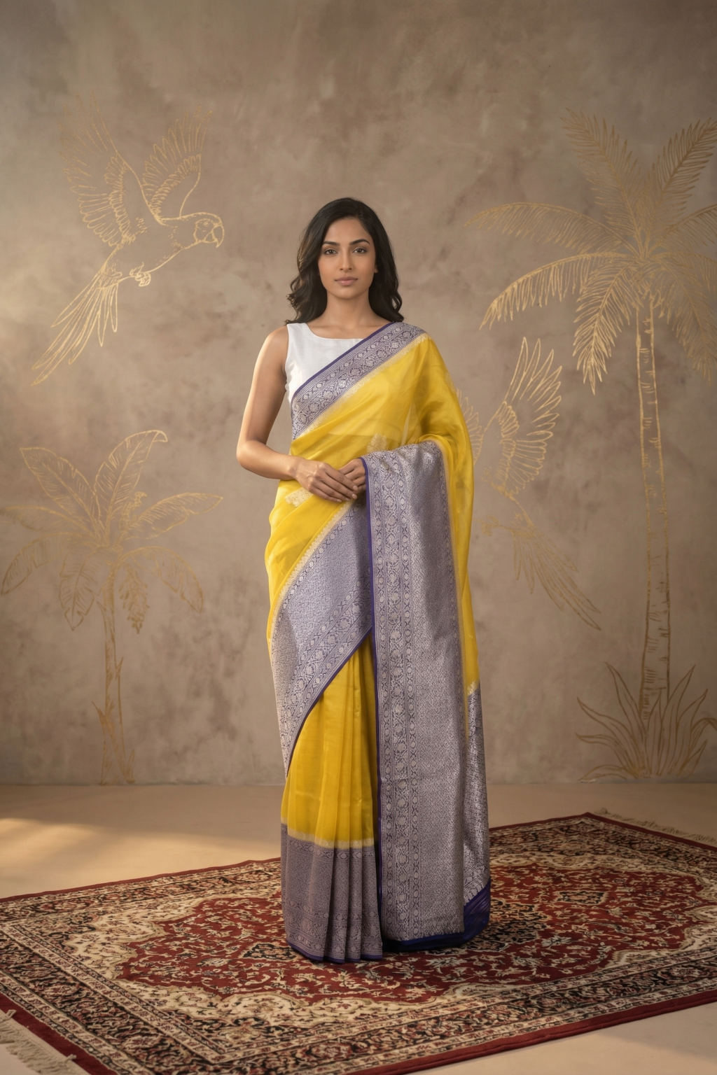 Yellow Kora Silk Banarasi Saree with Zari Butta and Silver Zari Contrast Border