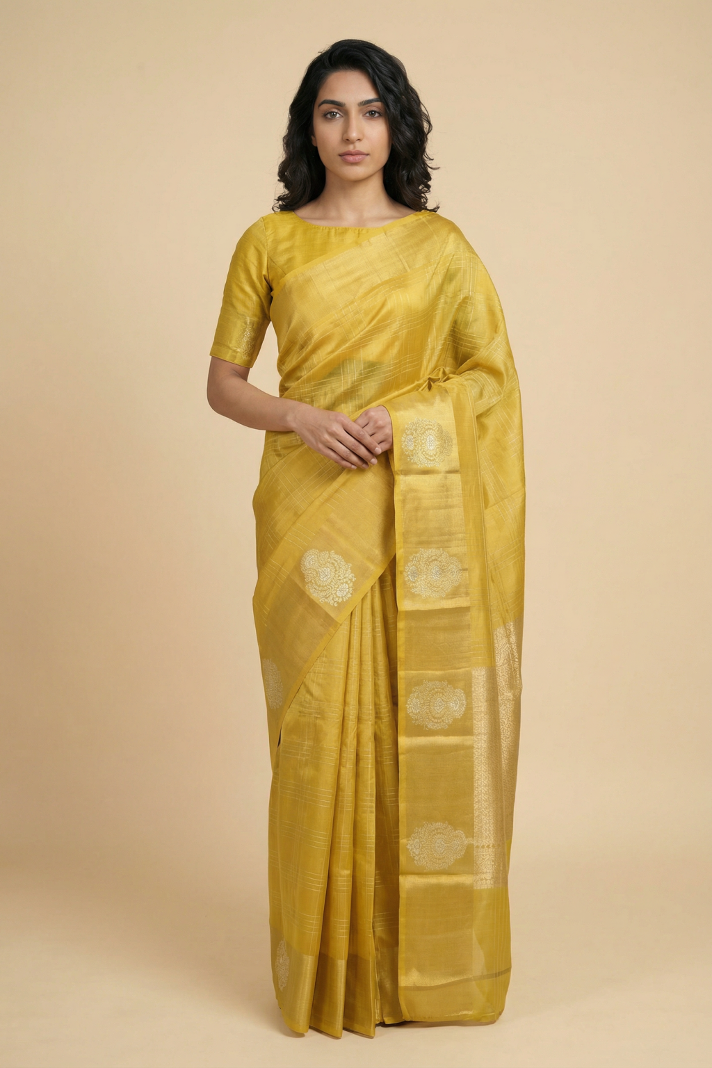 Mustard Chanderi Silk Banarasi Saree with Zari Checks and Butta Woven Border