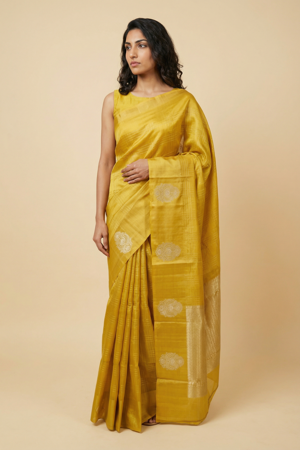 Mustard Chanderi Silk Banarasi Saree with Zari Checks and Butta Woven Border