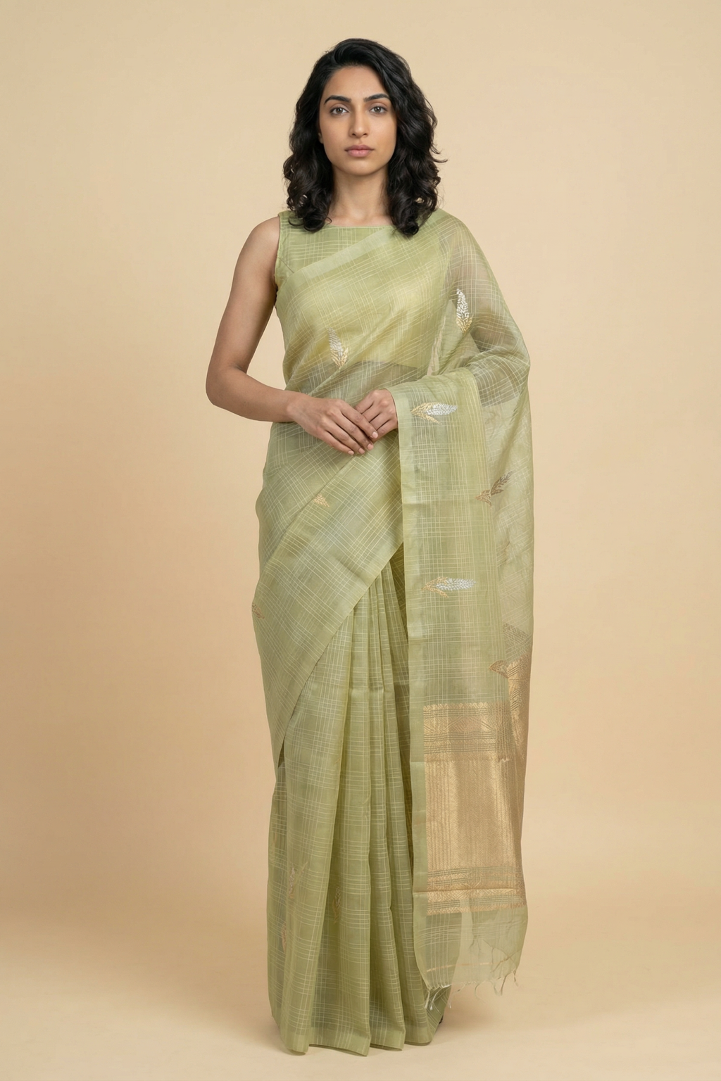 Pista Green Kora Silk Saree with Checks and Woven Motifs
