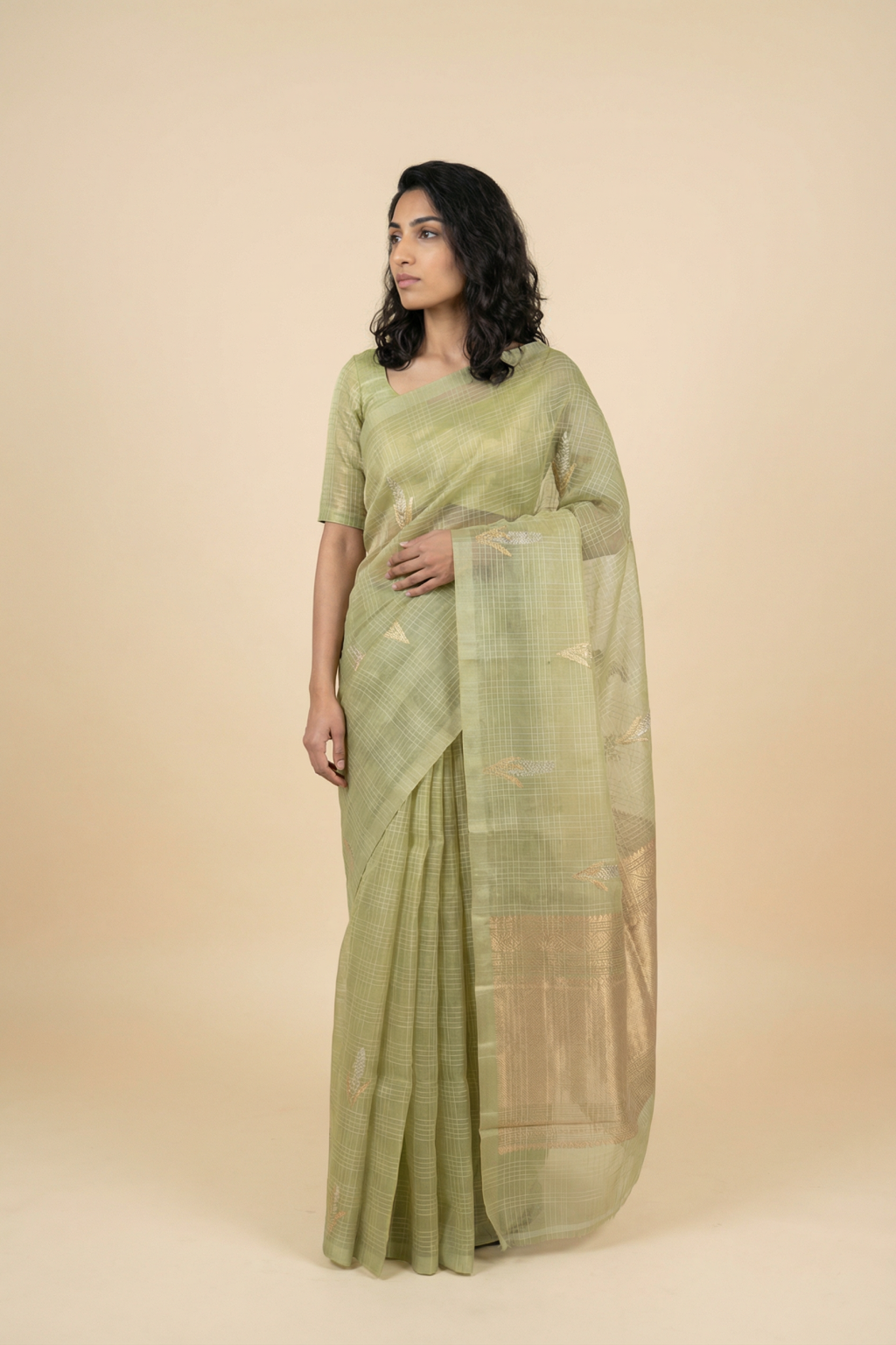 Pista Green Kora Silk Saree with Checks and Woven Motifs